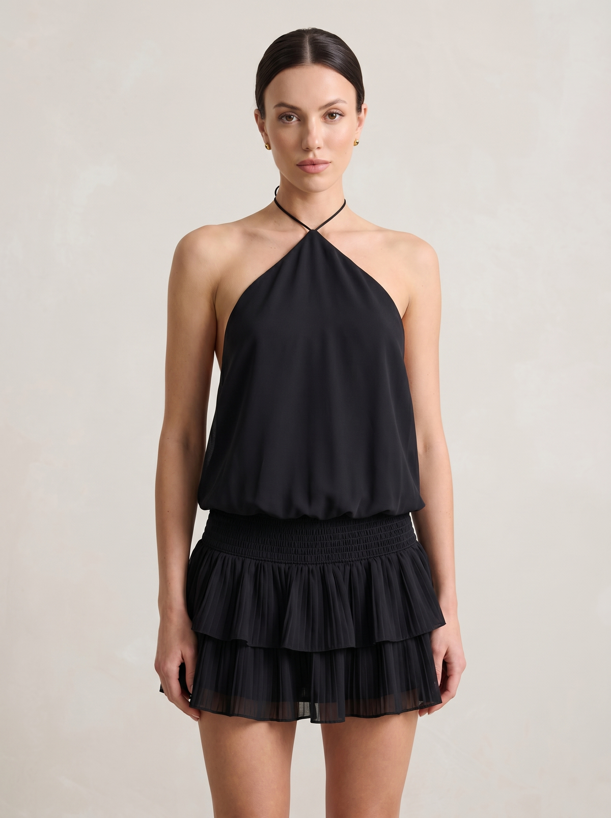 Halter Tie Smocked Waist Ruffle Mini Dress in Black — Svelte Chic