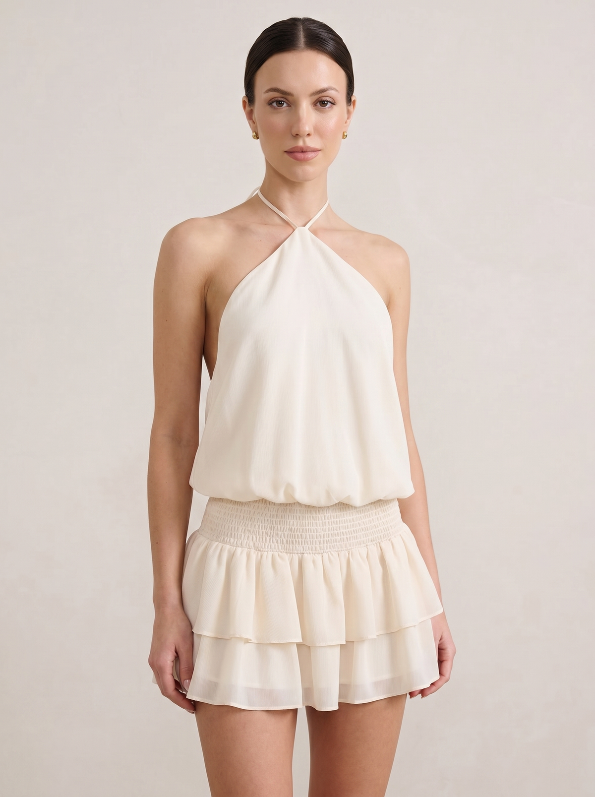Halter Tie Smocked Waist Ruffle Mini Dress in Cream — Svelte Chic