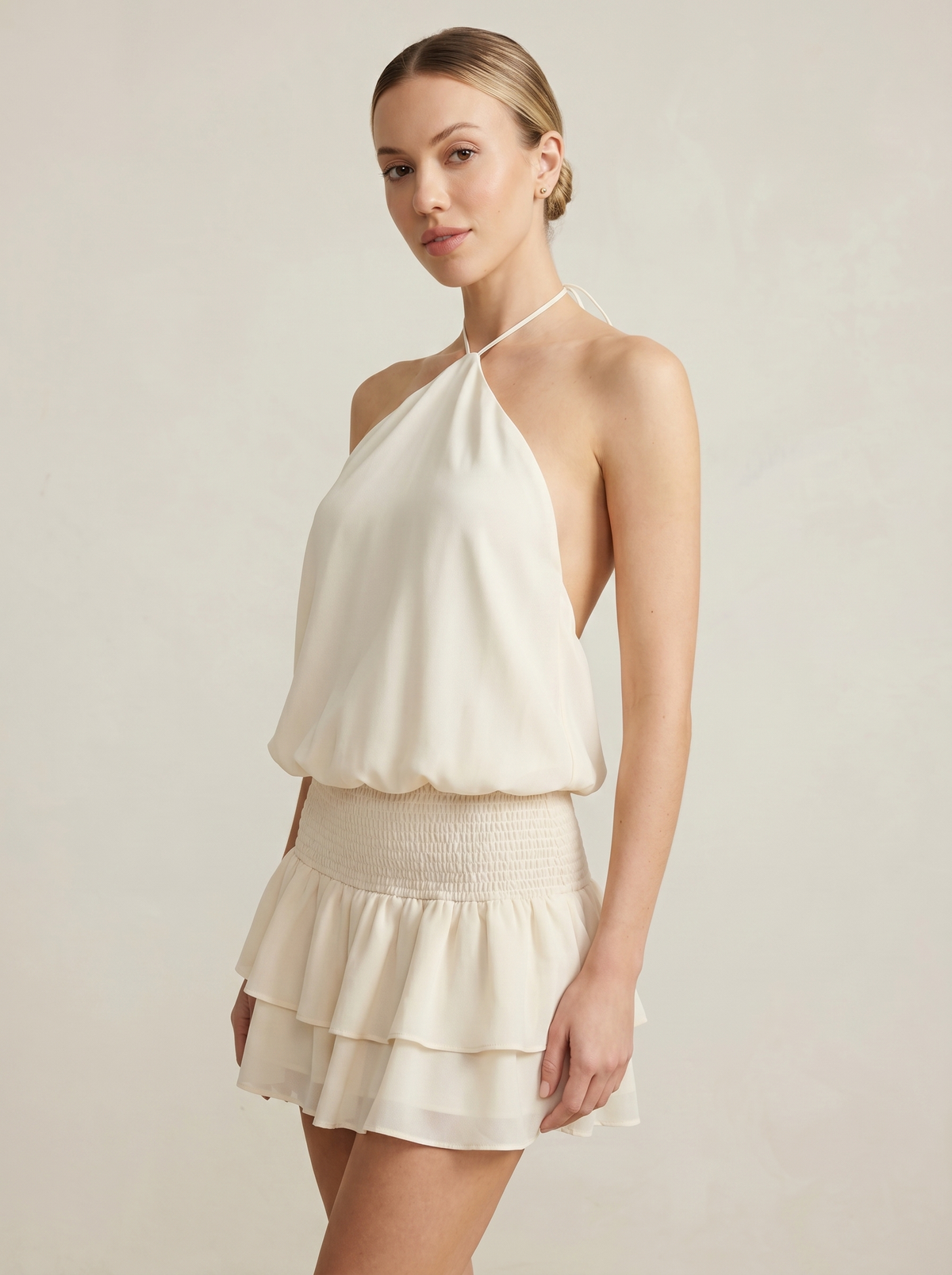 Halter Tie Smocked Waist Ruffle Mini Dress — Svelte Chic
