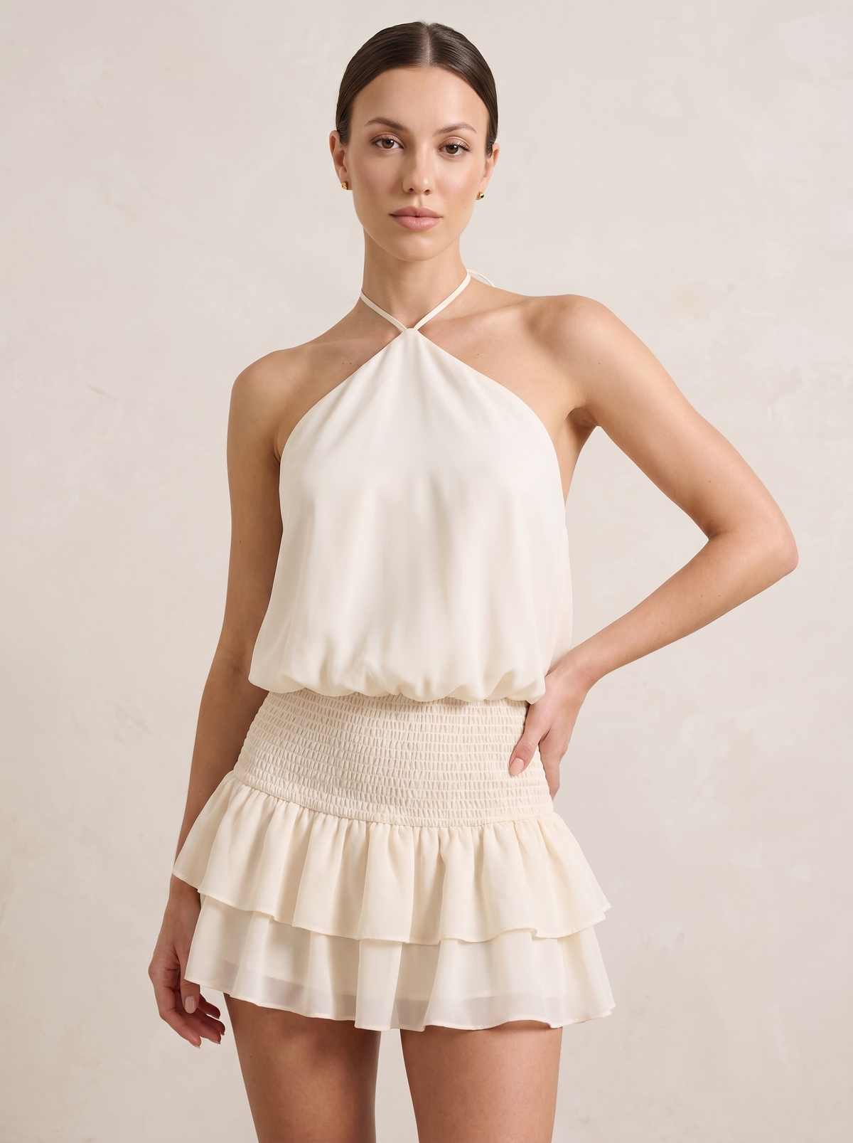 Halter Tie Smocked Waist Ruffle Mini Dress — Svelte Chic