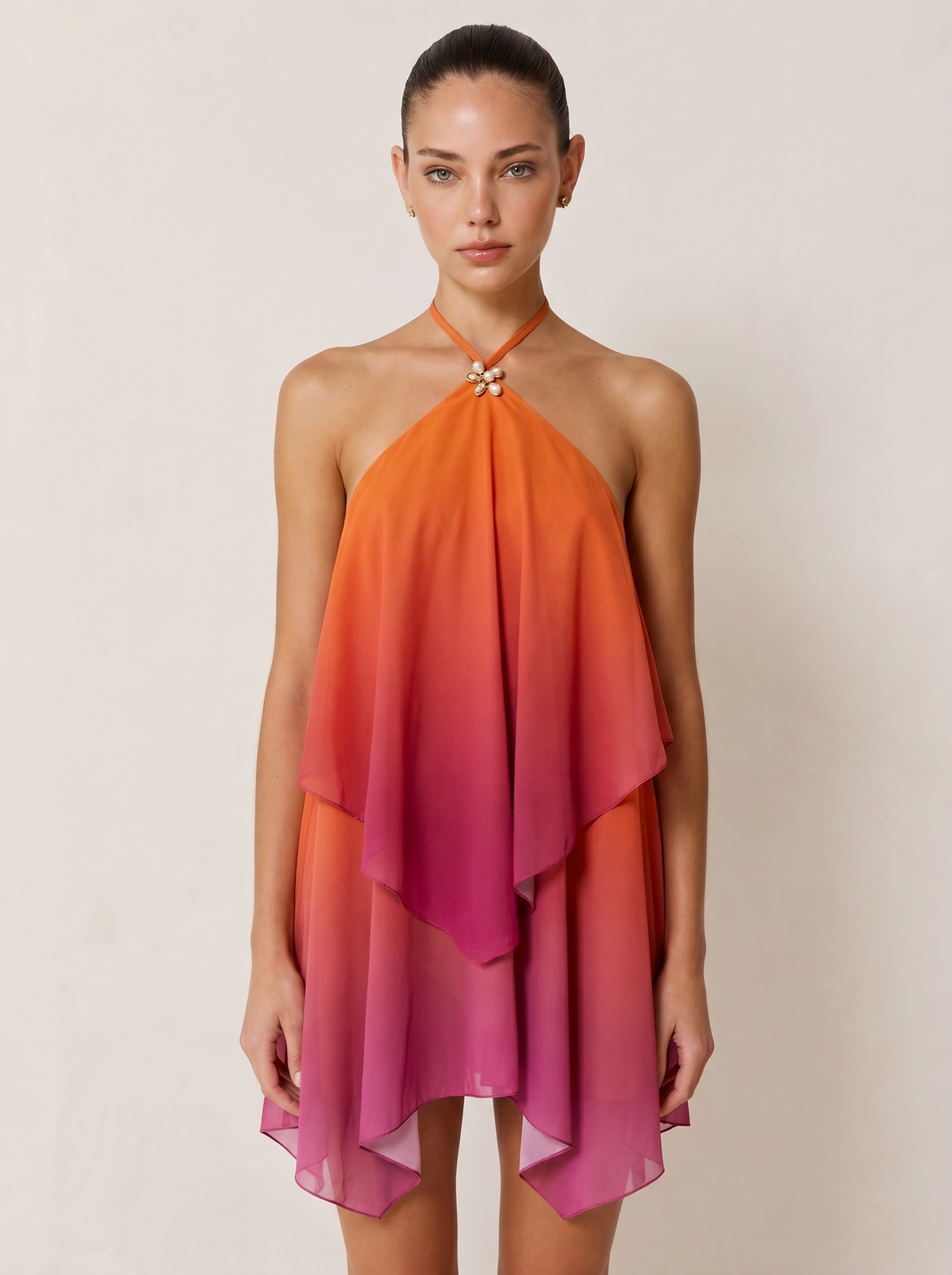 Flower Detail Halter Chiffon Mini Dress — Svelte Chic