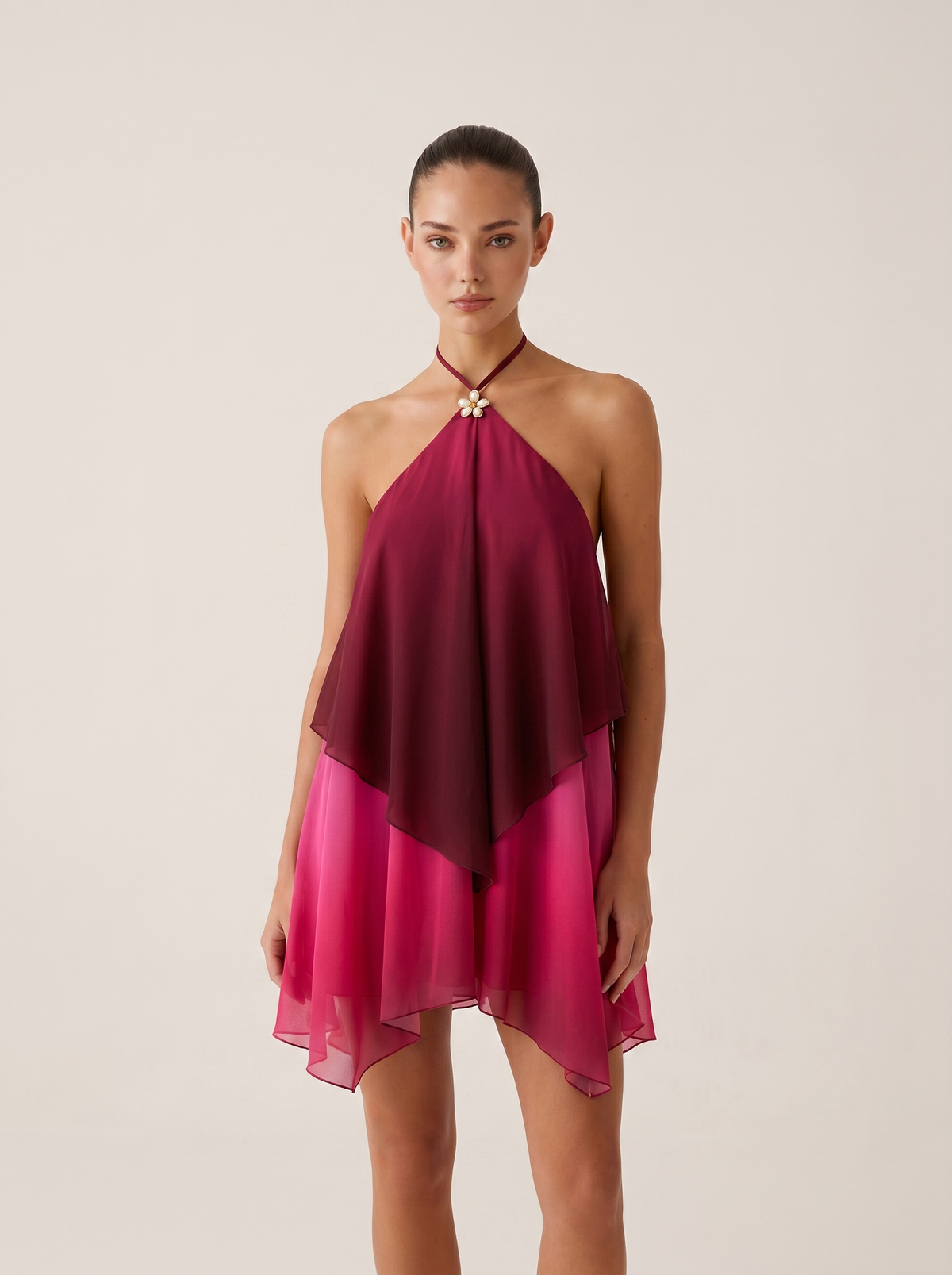 Flower Detail Halter Chiffon Mini Dress in Burgundy Ombre — Svelte Chic