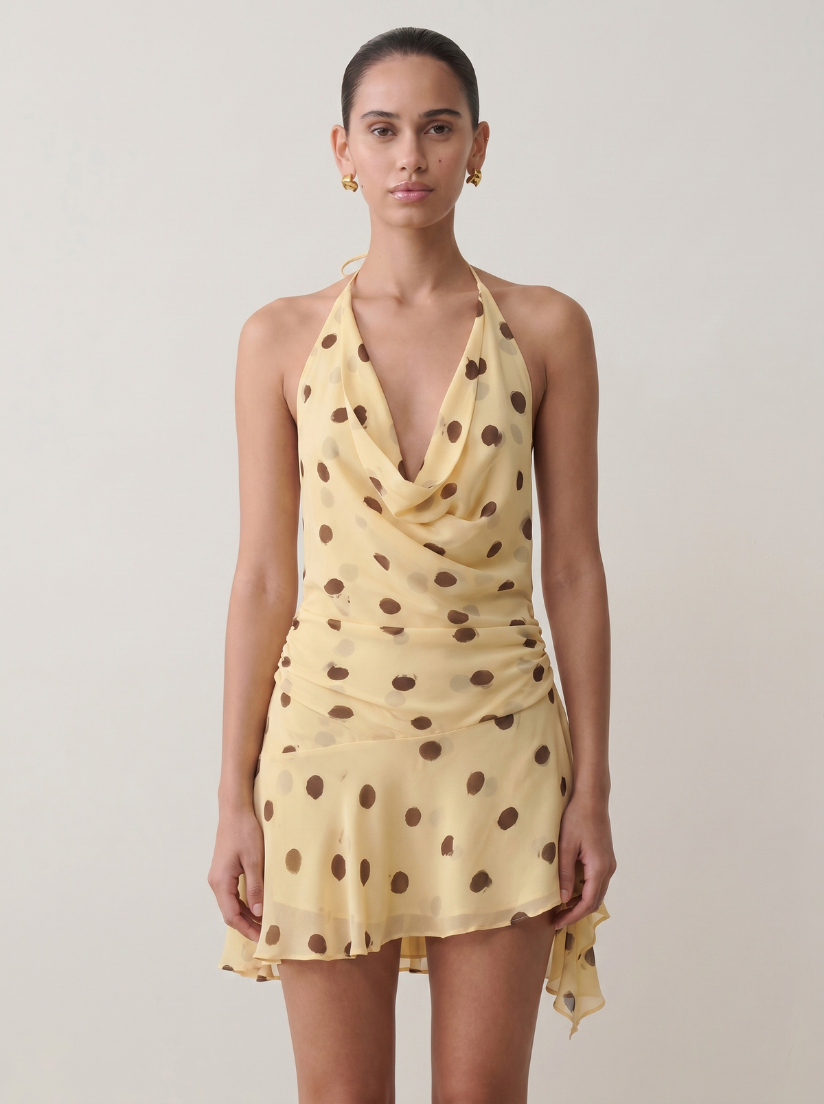 Cowl Halter Polka Dot Chiffon Mini Dress in Cream — Svelte Chic