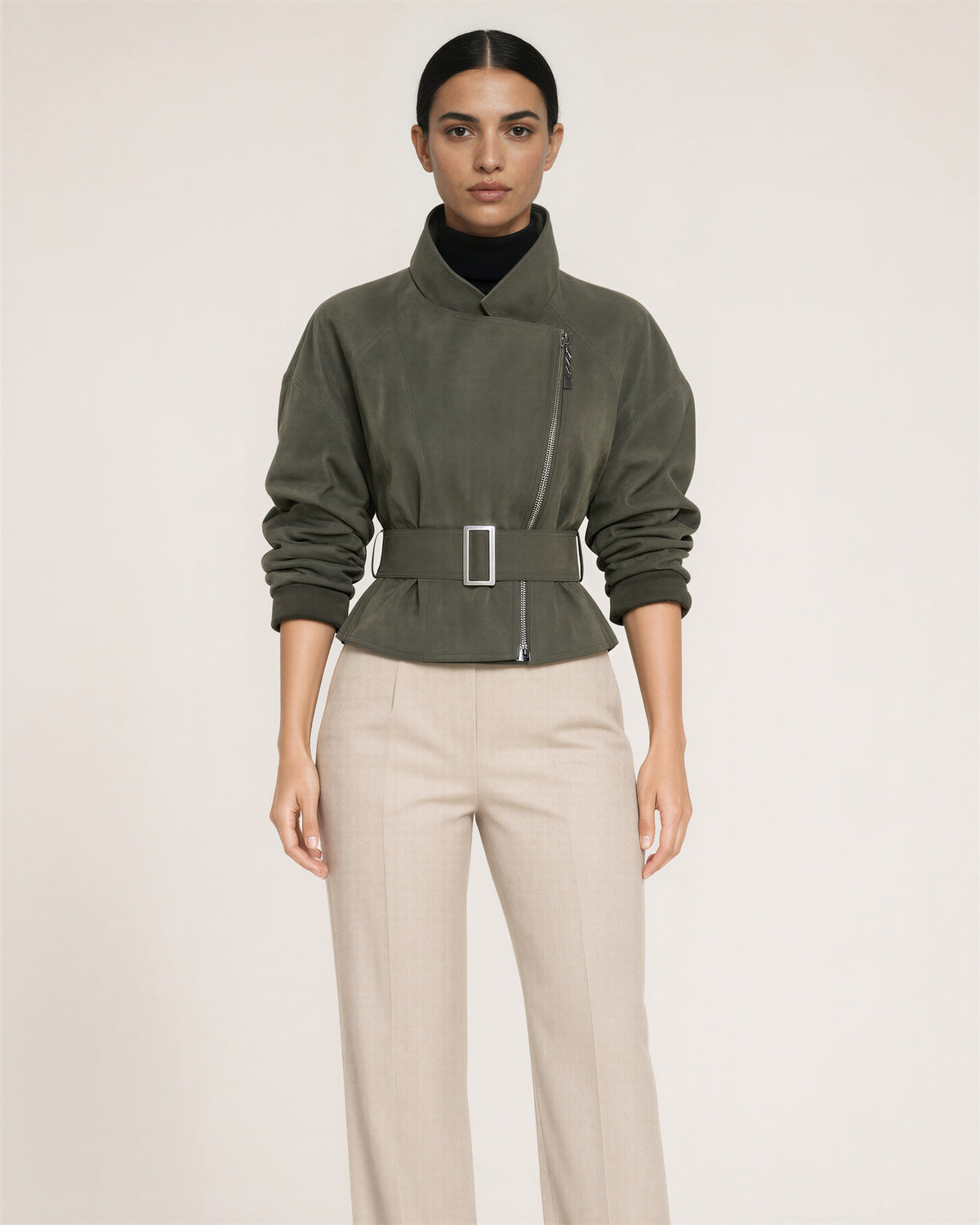 Ilaria Belted Faux Suede Biker Jacket, khaki green, front view