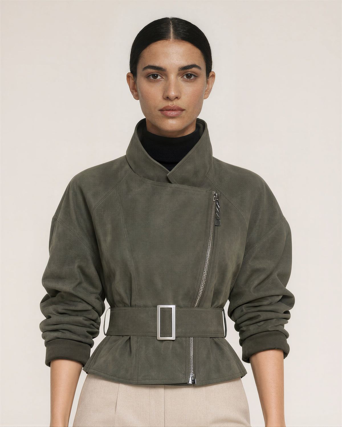 Ilaria Belted Faux Suede Biker Jacket, khaki green, close up above the waist