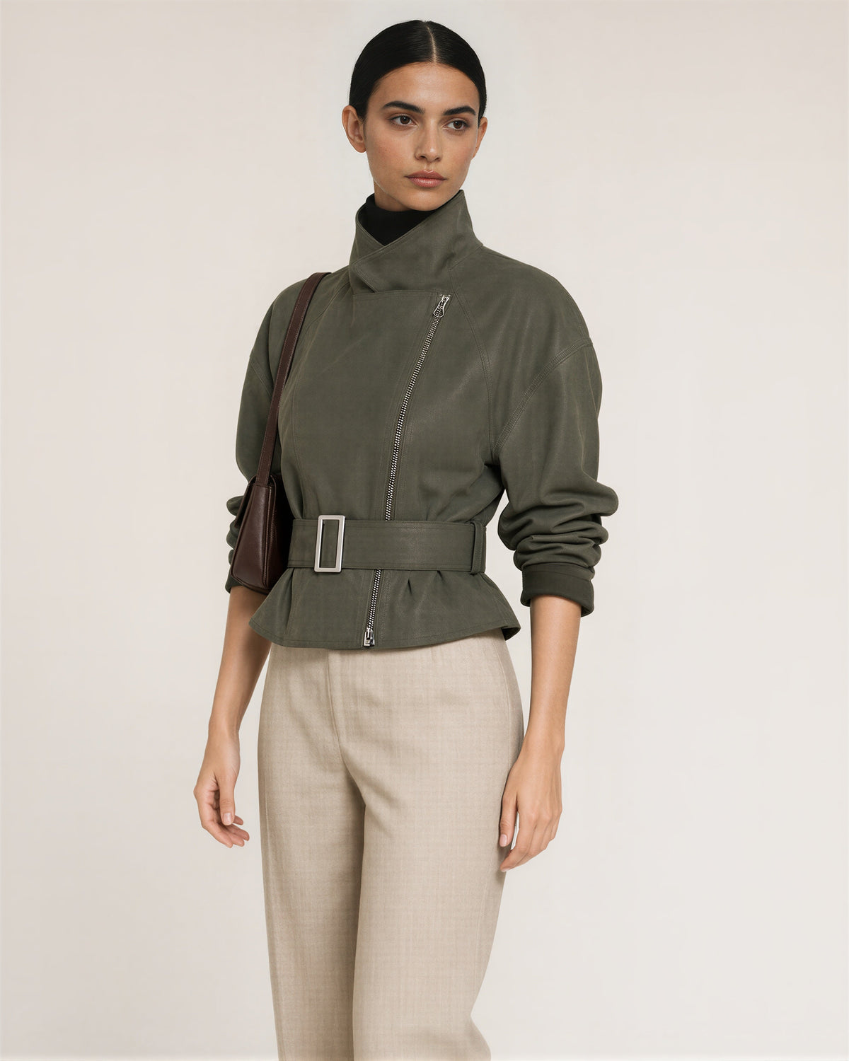 Ilaria Belted Faux Suede Biker Jacket, khaki green, three quarter view