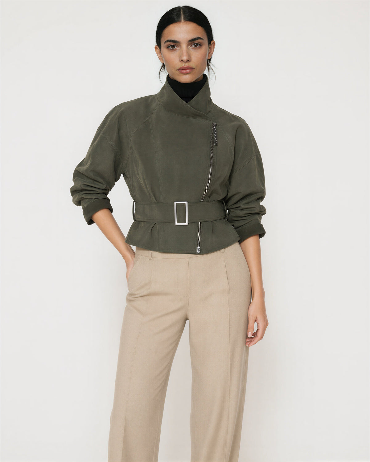Ilaria Belted Faux Suede Biker Jacket, khaki green, front, hands on the waist