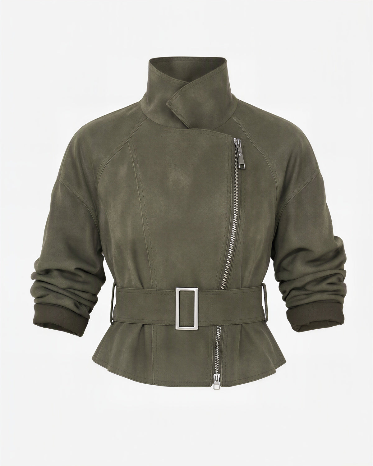Ilaria Belted Faux Suede Biker Jacket, khaki green, product view without a model