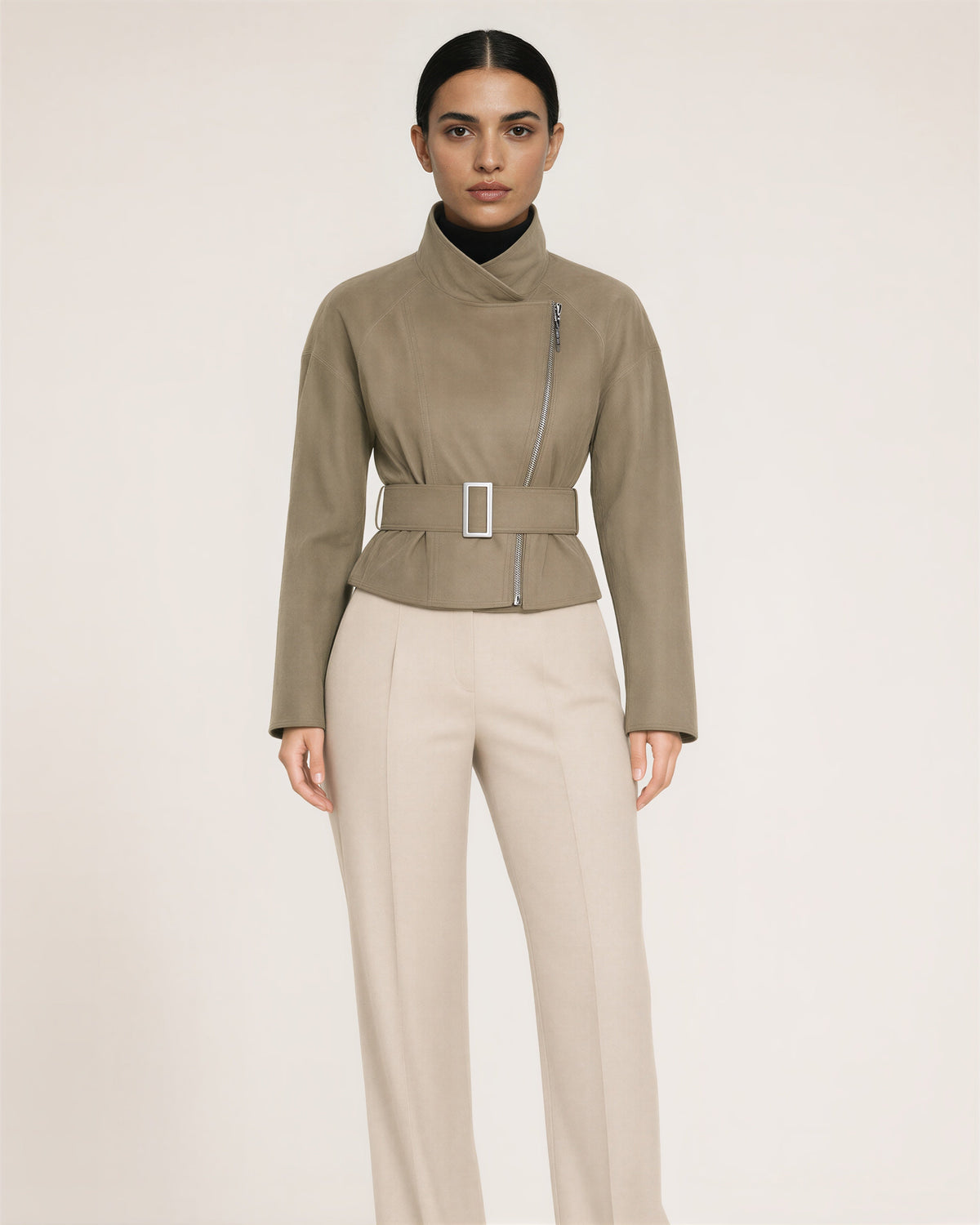 Ilaria Belted Faux Suede Biker Jacket, mink color option