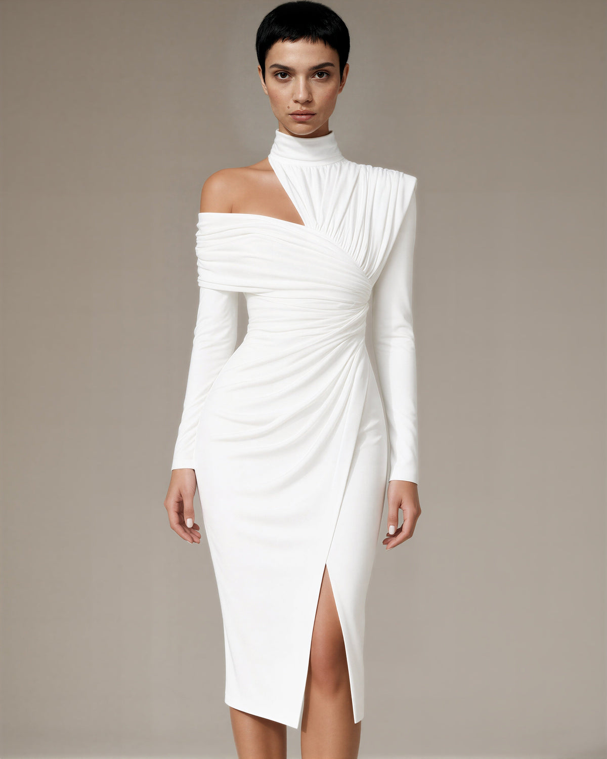 Ileana One Shoulder Draped Midi Occasion Dress, white, front view