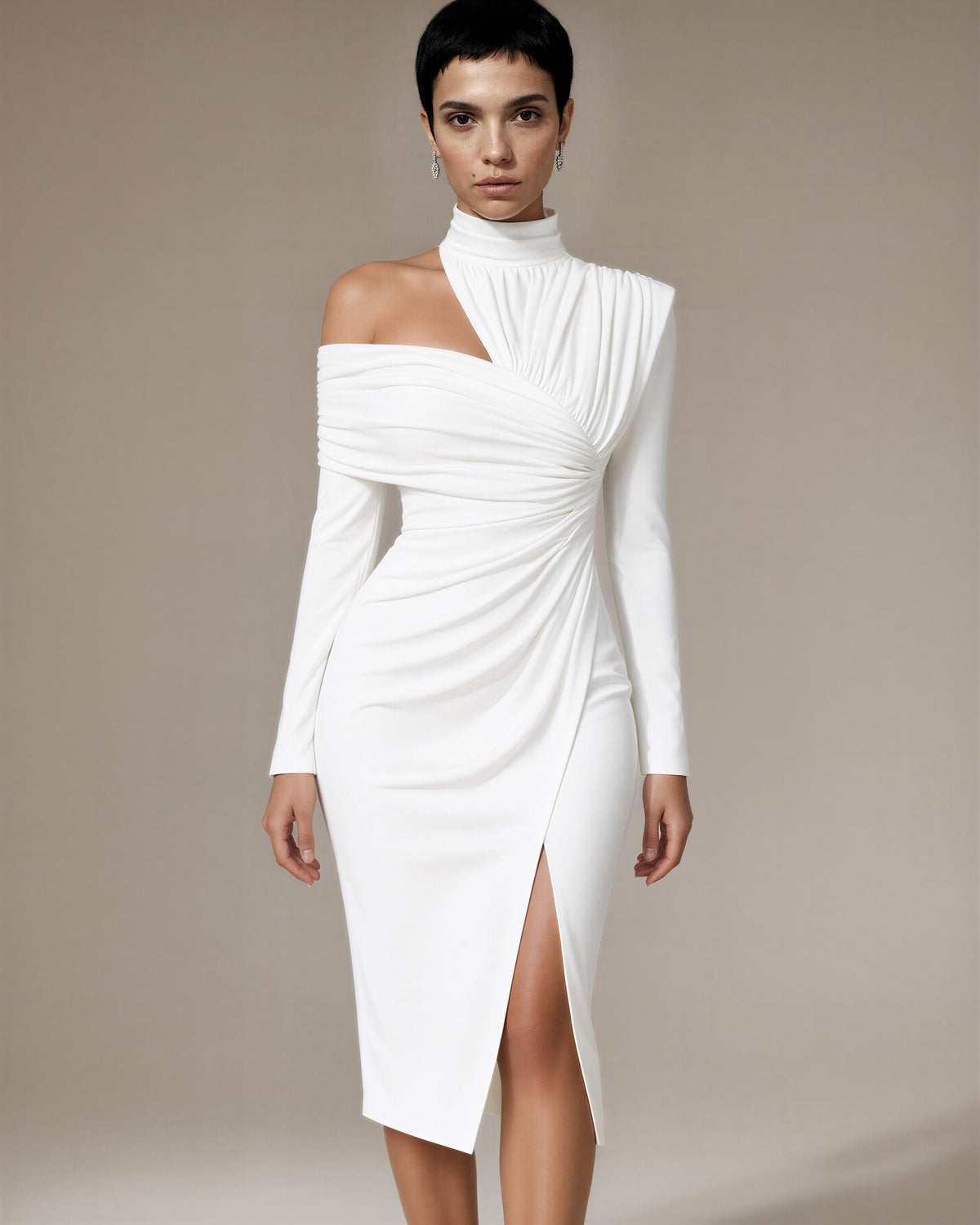 Ileana One Shoulder Draped Midi Occasion Dress, white, three quarter view