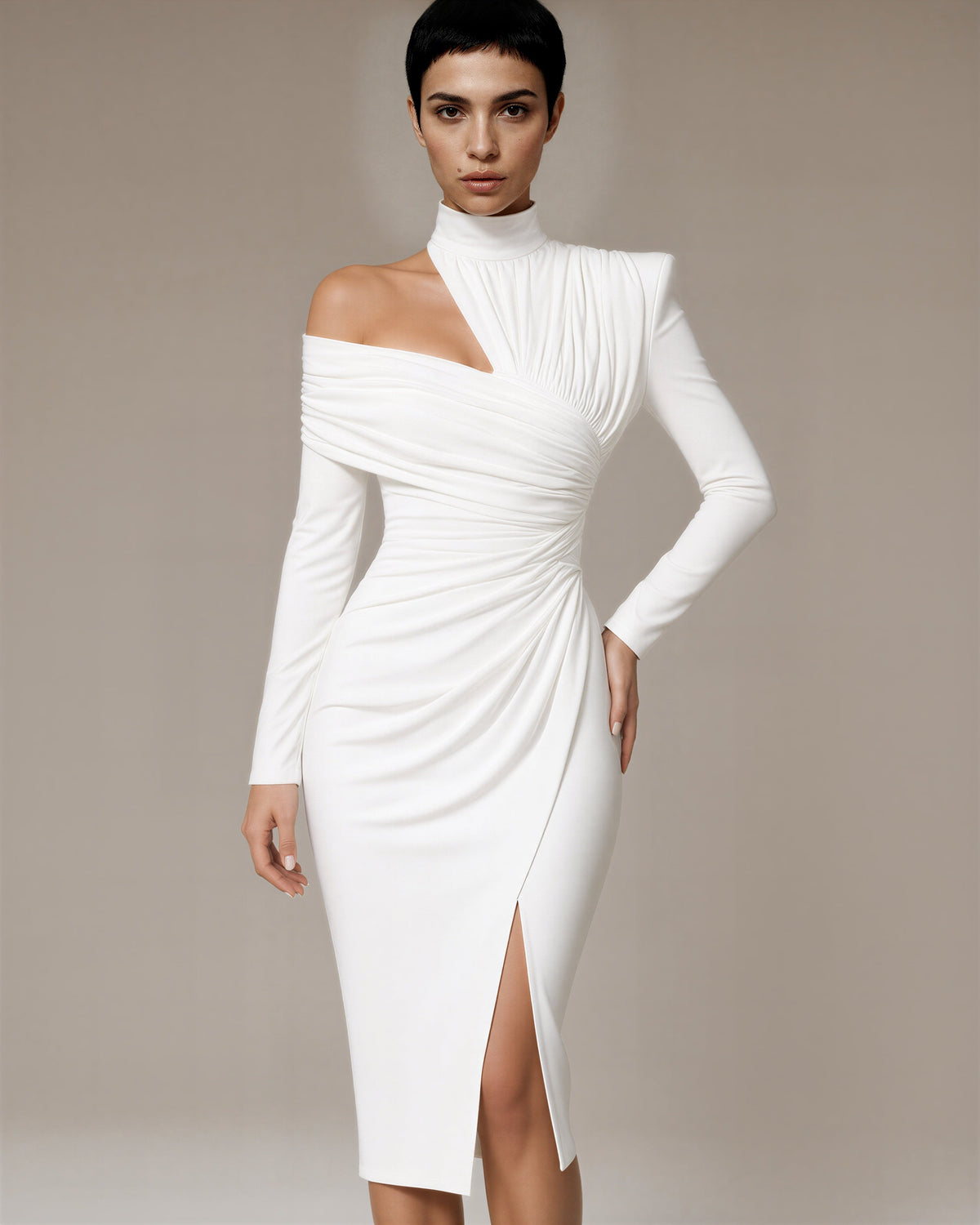 Ileana One Shoulder Draped Midi Occasion Dress, white, front, hands on the waist
