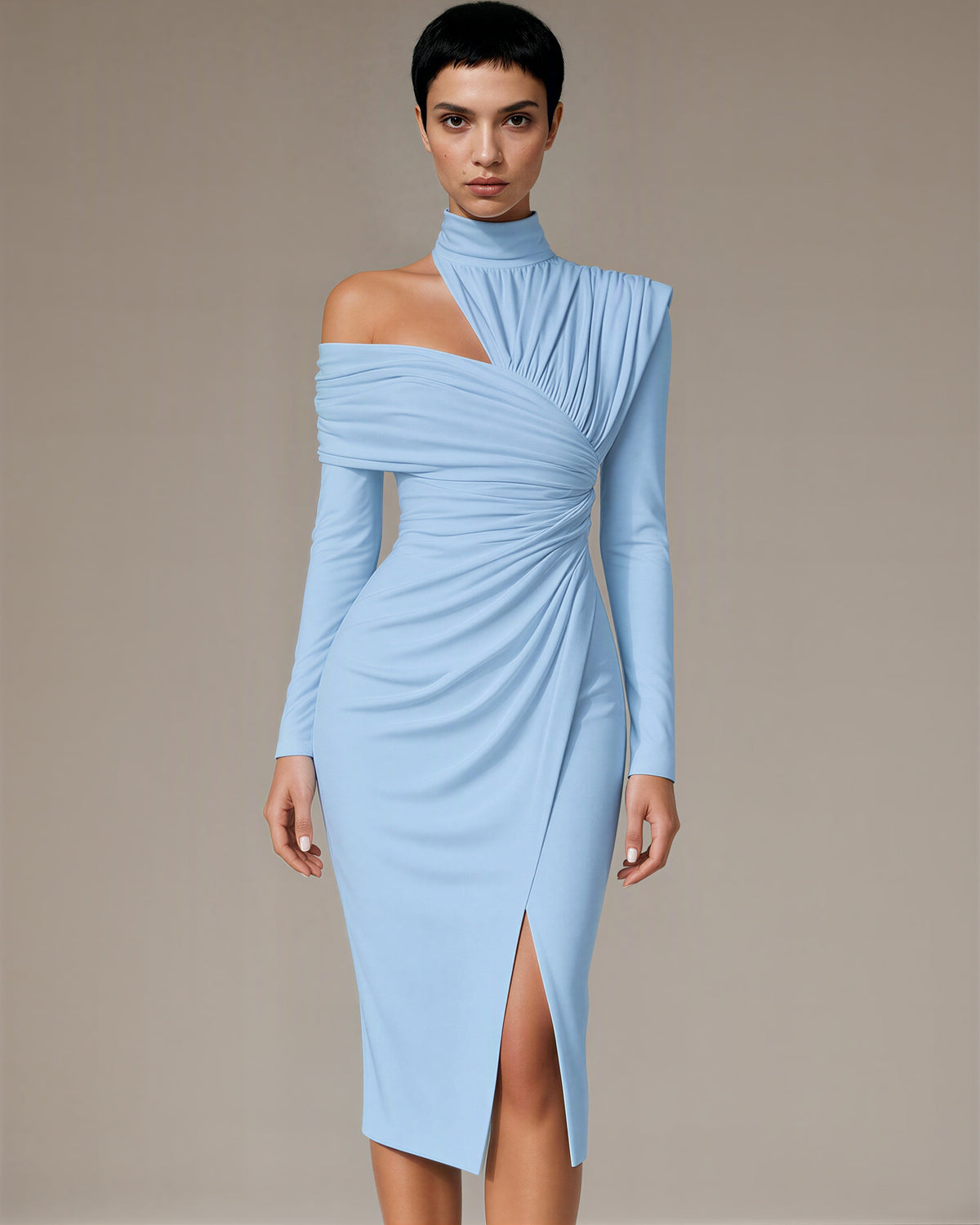 Ileana One Shoulder Draped Midi Occasion Dress, ice blue color option