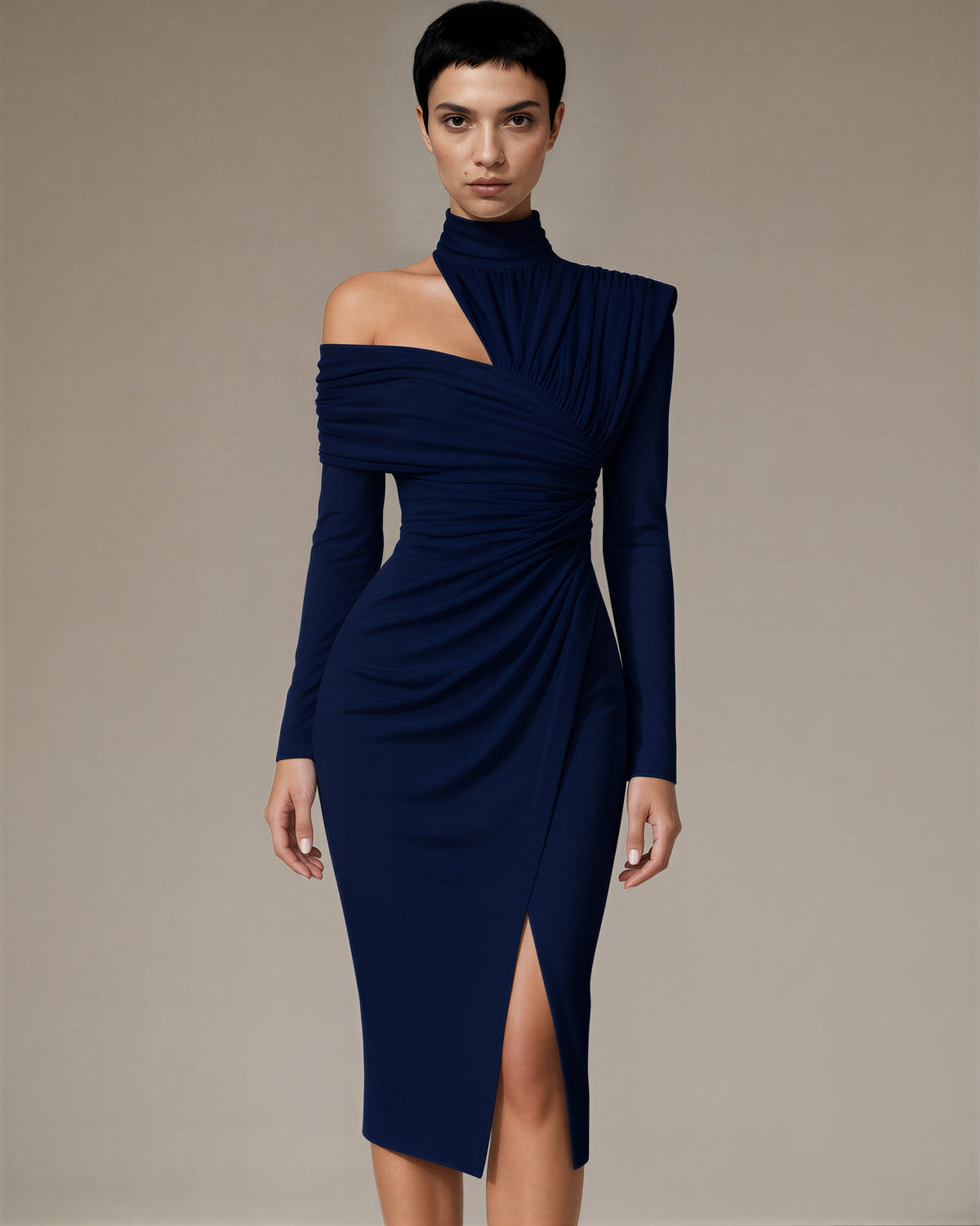 Ileana One Shoulder Draped Midi Occasion Dress, navy color option