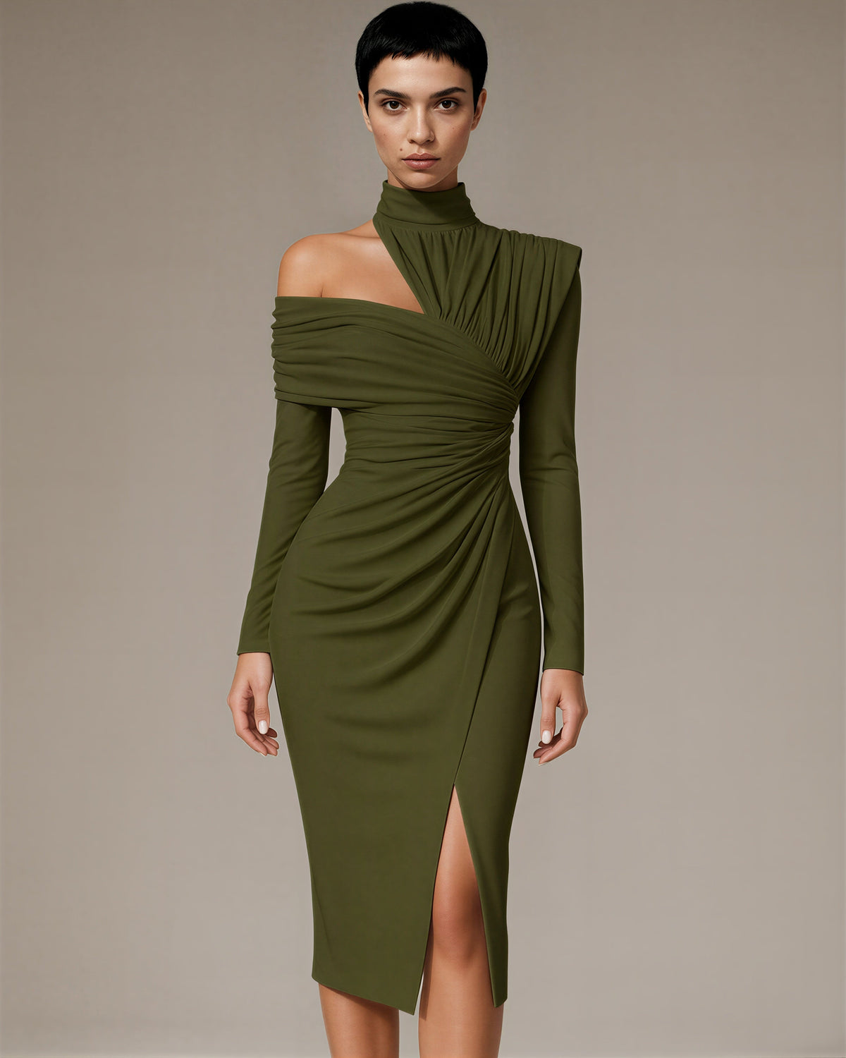Ileana One Shoulder Draped Midi Occasion Dress, olive green color option