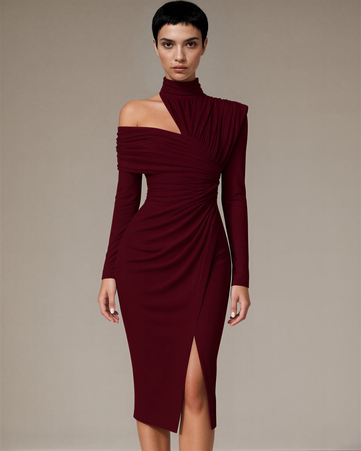 Ileana One Shoulder Draped Midi Occasion Dress, burgundy color option