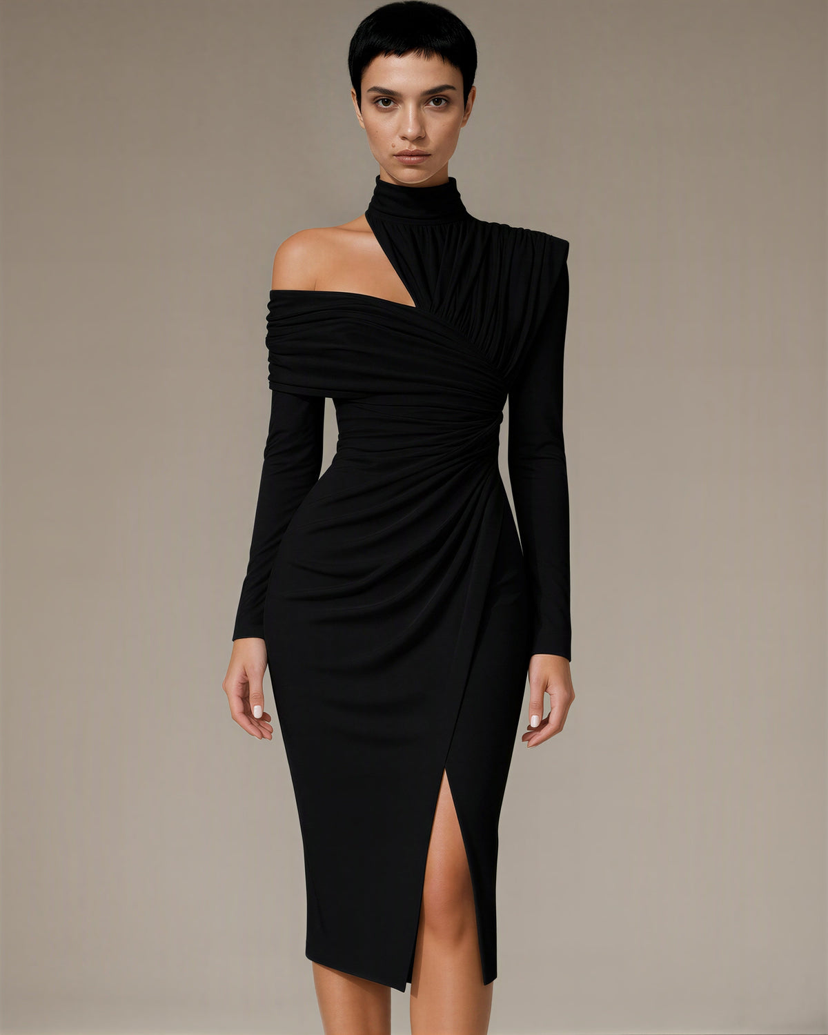 Ileana One Shoulder Draped Midi Occasion Dress, black color option