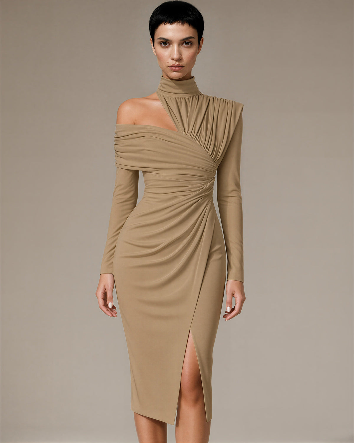Ileana One Shoulder Draped Midi Occasion Dress, sand beige color option