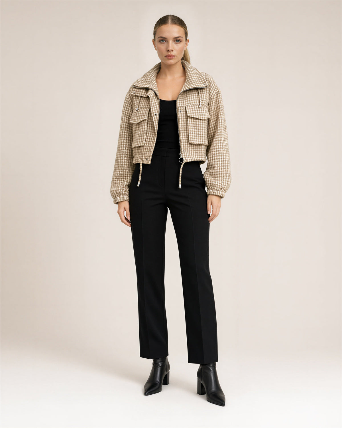 Ines Houndstooth Stand Collar Cropped Jacket, beige, full length front view