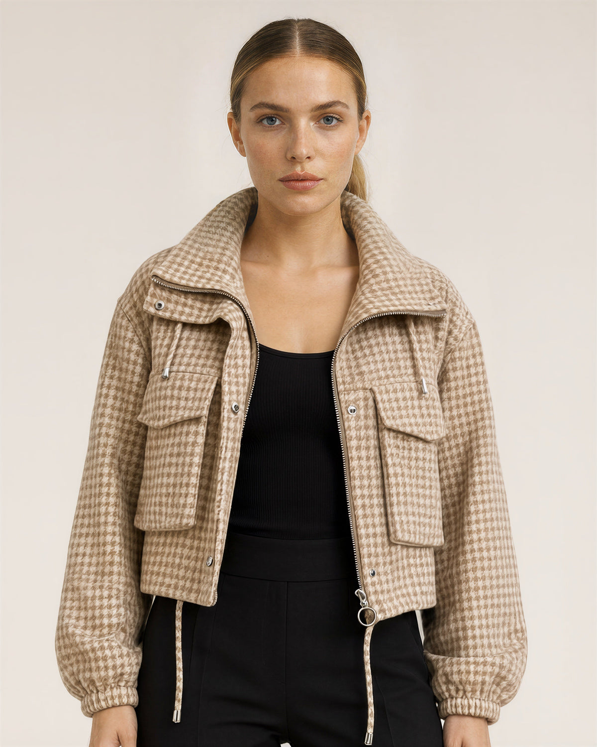 Ines Houndstooth Stand Collar Cropped Jacket, beige, close up above the waist