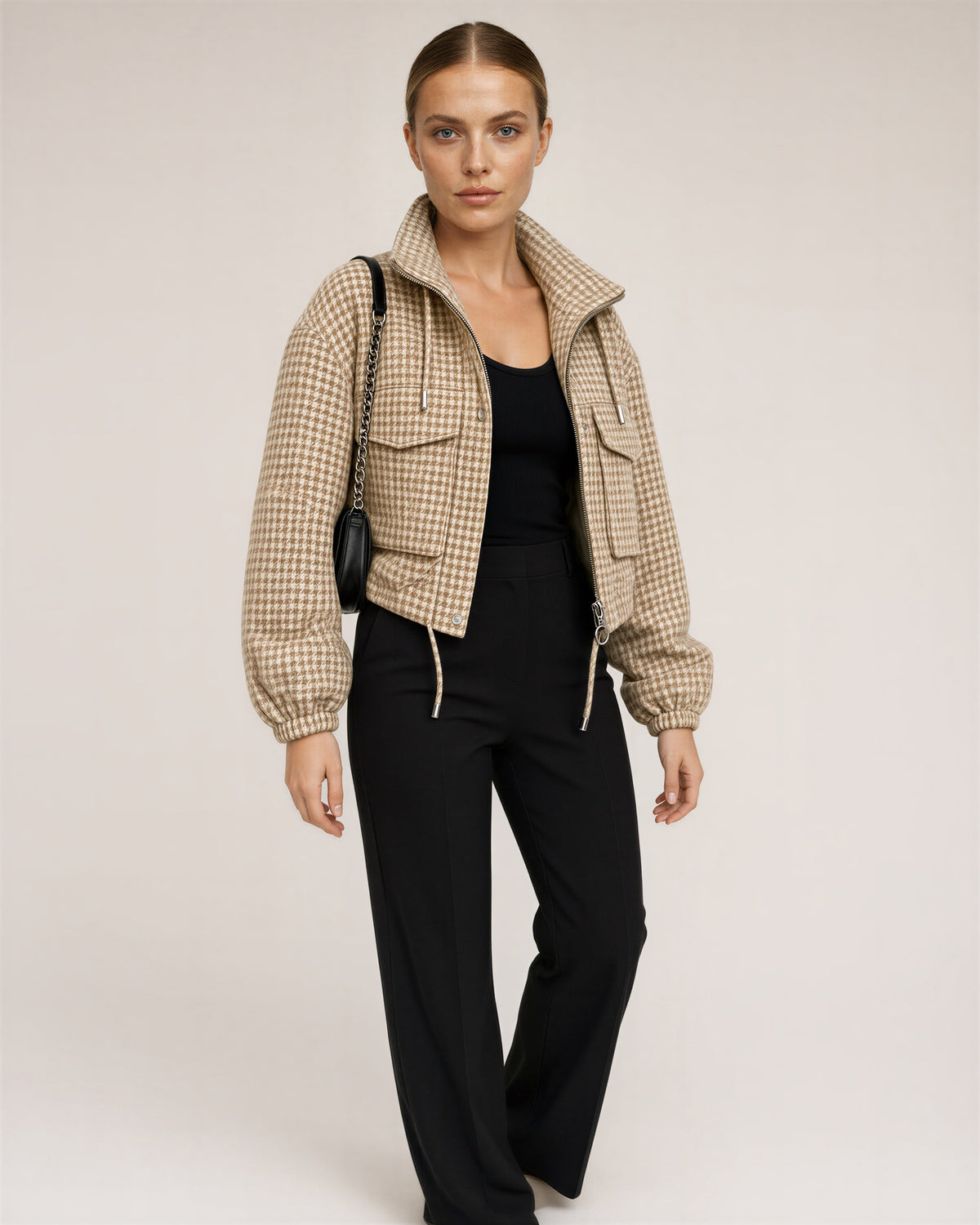 Ines Houndstooth Stand Collar Cropped Jacket, beige, three quarter view