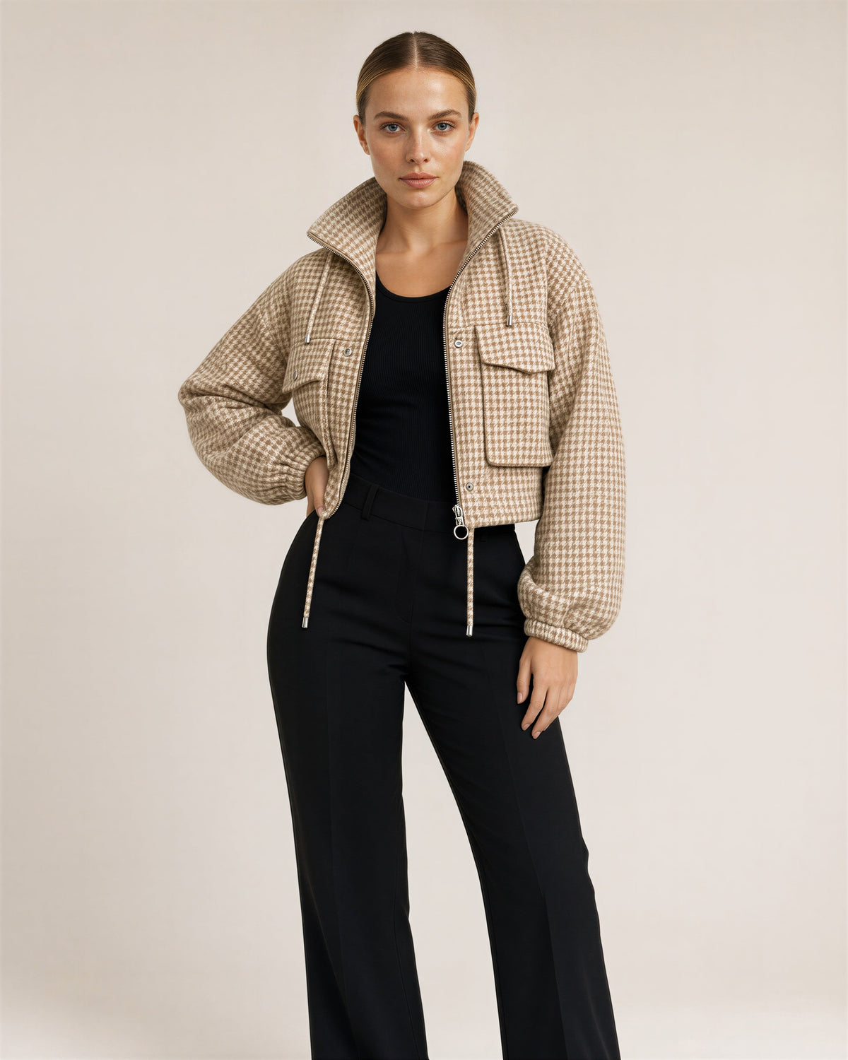 Ines Houndstooth Stand Collar Cropped Jacket, beige, front, hands on the waist