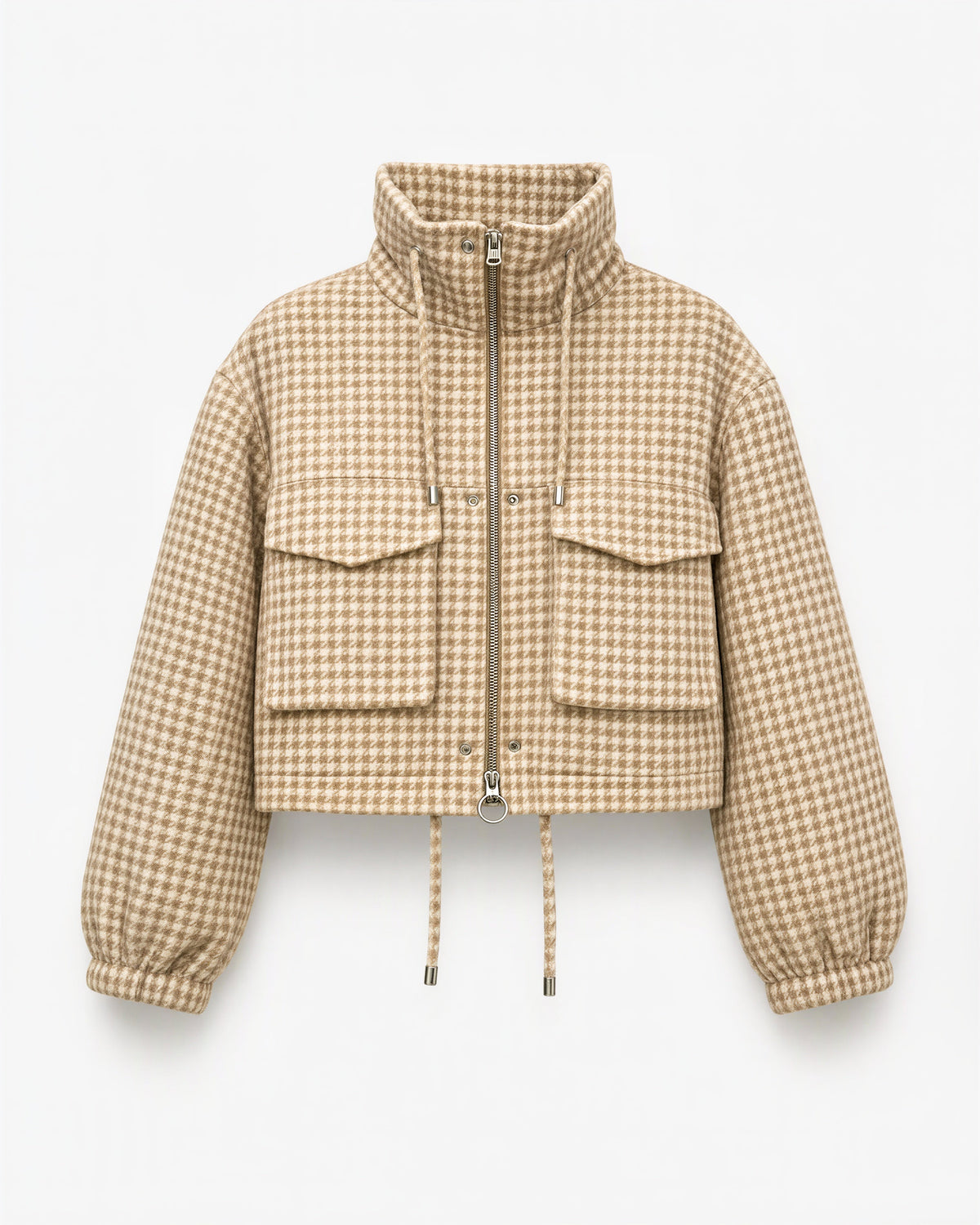 Ines Houndstooth Stand Collar Cropped Jacket, beige, product view without a model