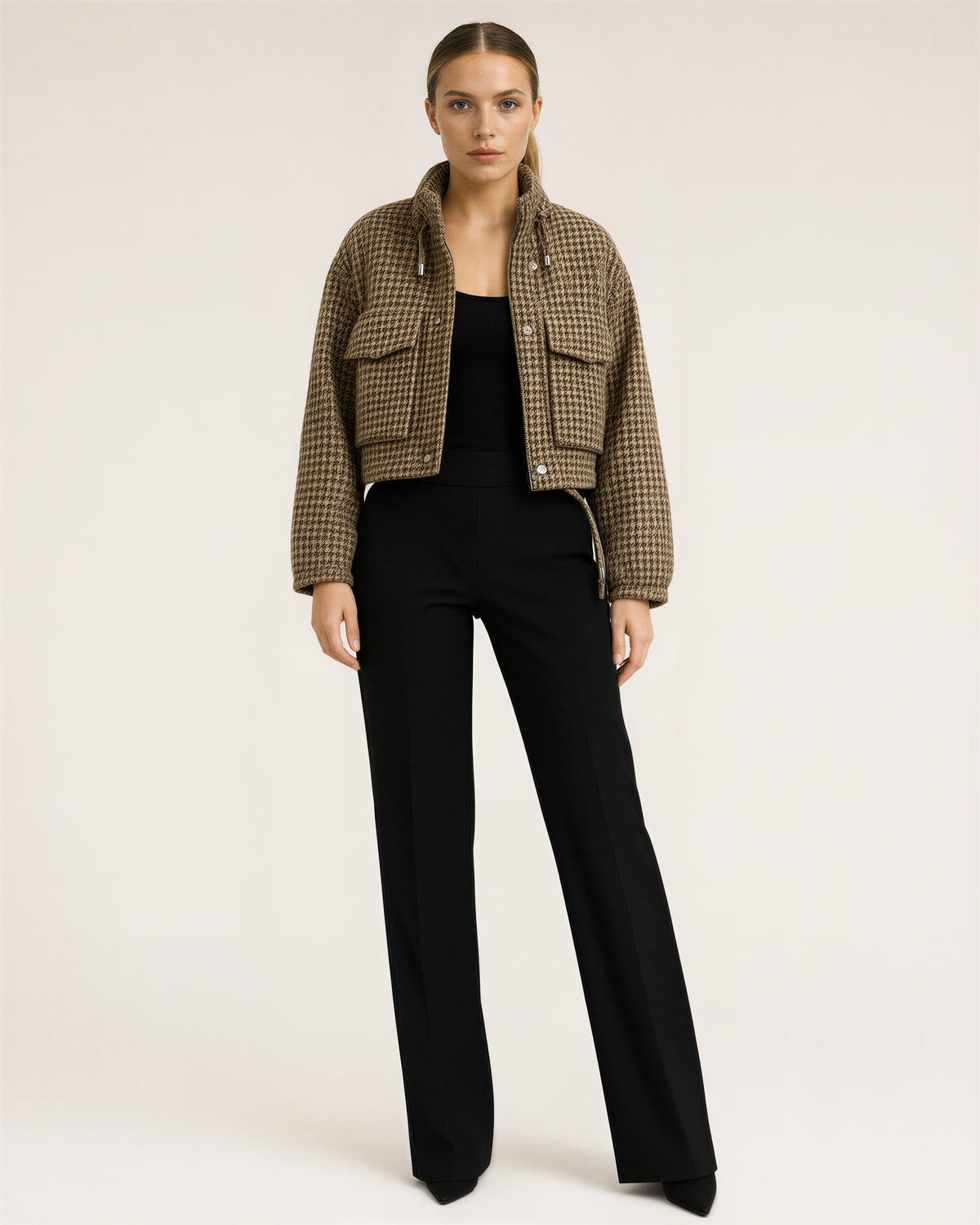 Ines Houndstooth Stand Collar Cropped Jacket, brown color option