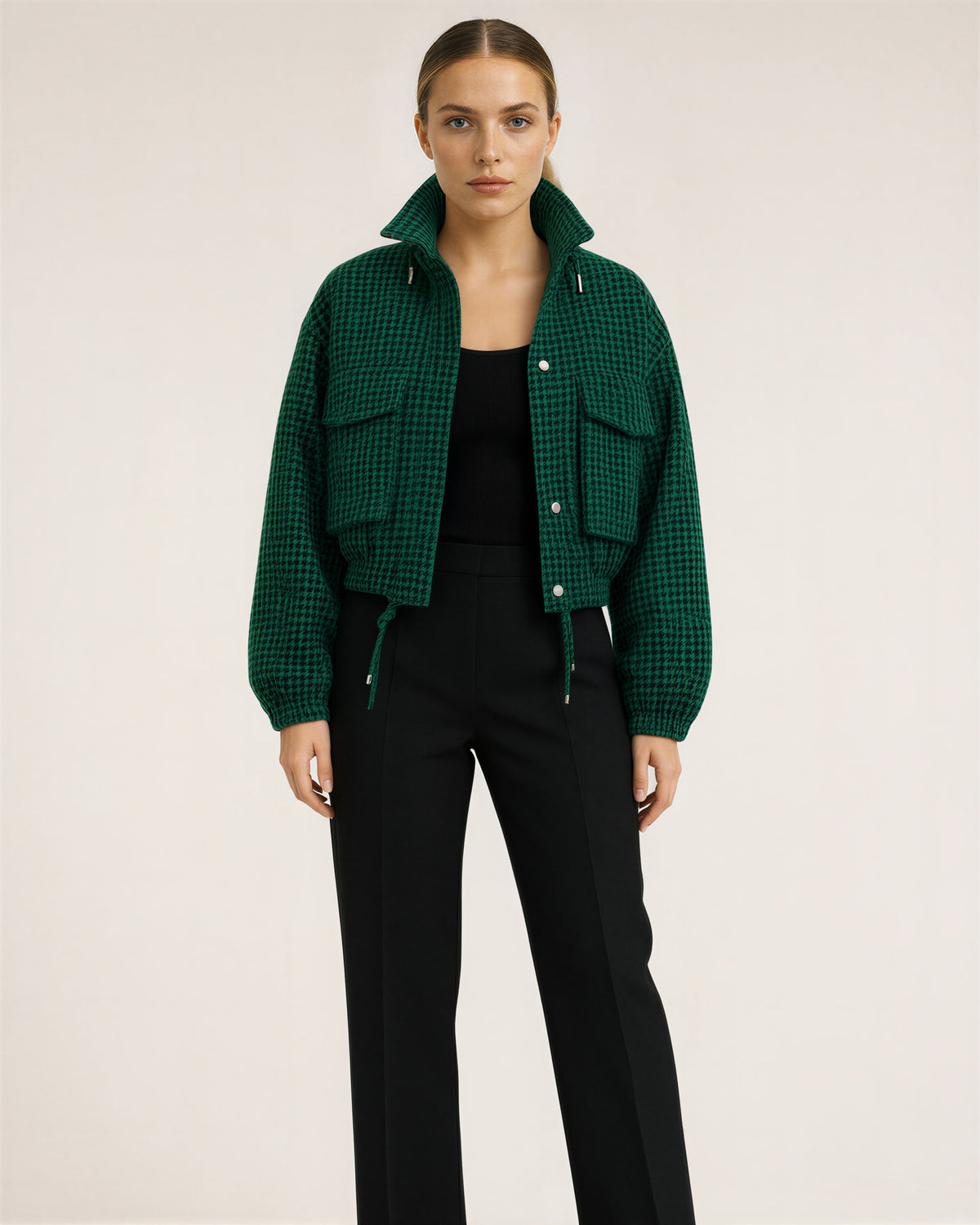 Ines Houndstooth Stand Collar Cropped Jacket, green black color option