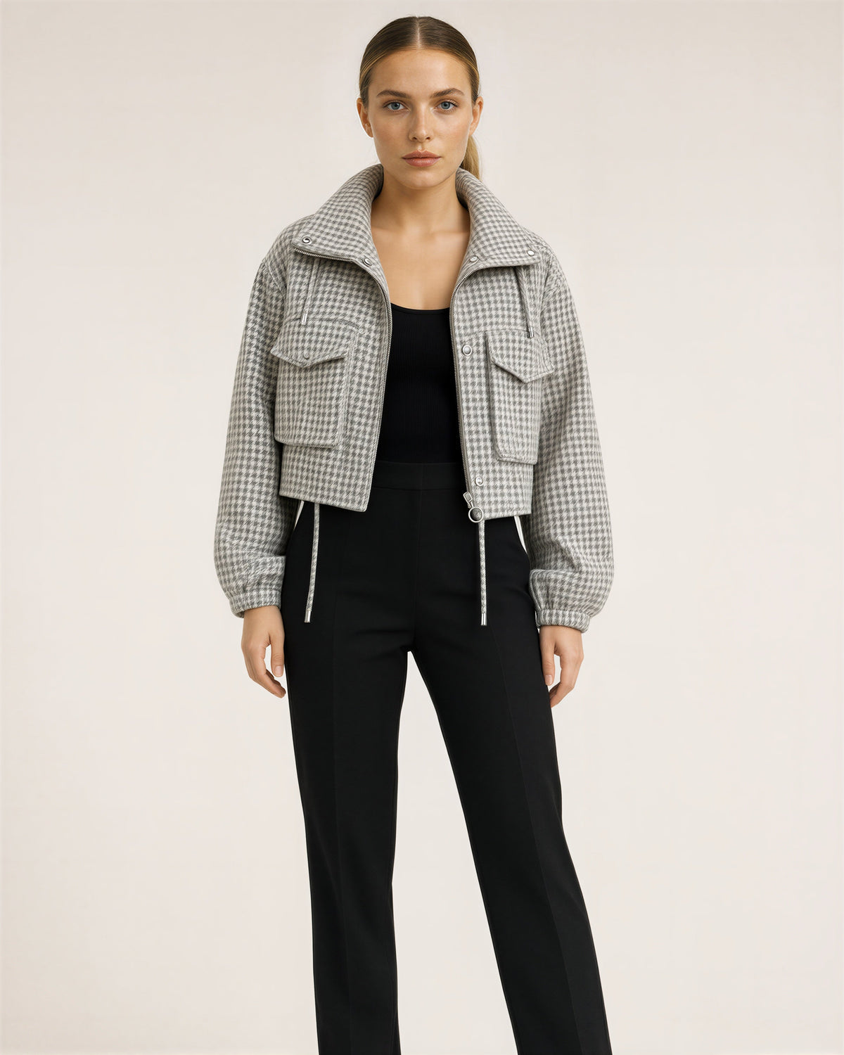 Ines Houndstooth Stand Collar Cropped Jacket, grey white color option