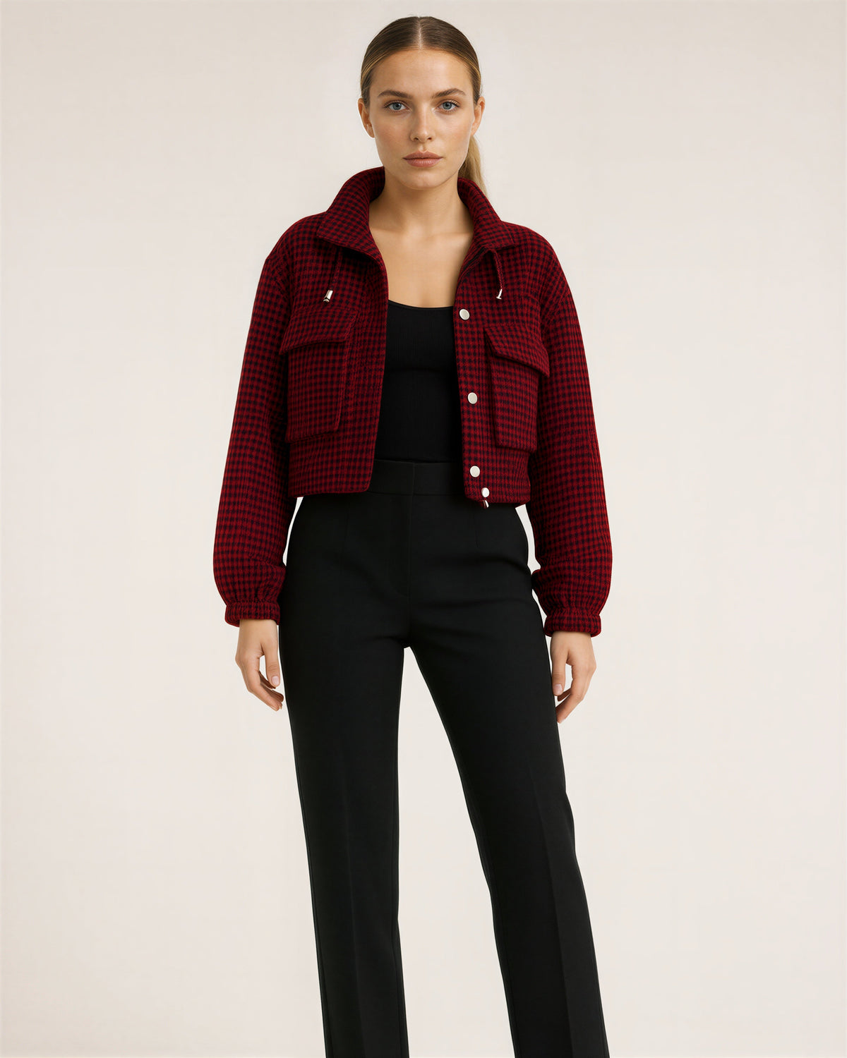 Ines Houndstooth Stand Collar Cropped Jacket, red black color option