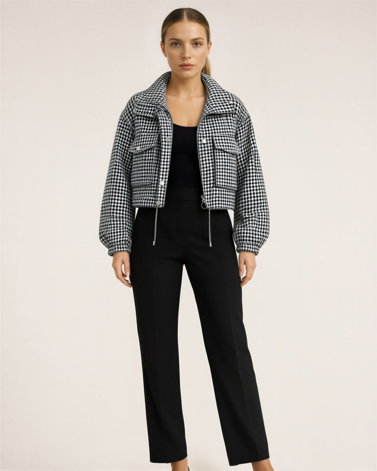 Ines Houndstooth Stand Collar Cropped Jacket, black white color option