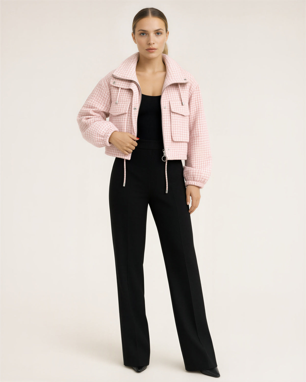 Ines Houndstooth Stand Collar Cropped Jacket, pink white color option
