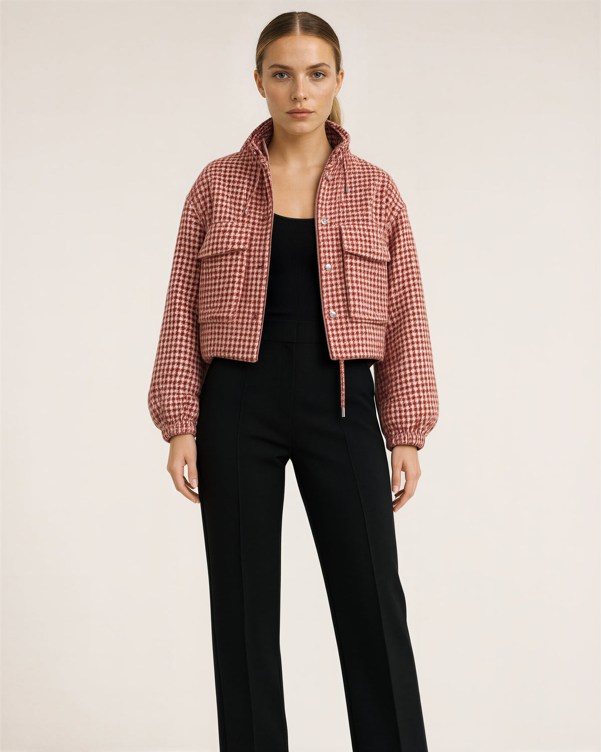 Ines Houndstooth Stand Collar Cropped Jacket, cherry cream color option