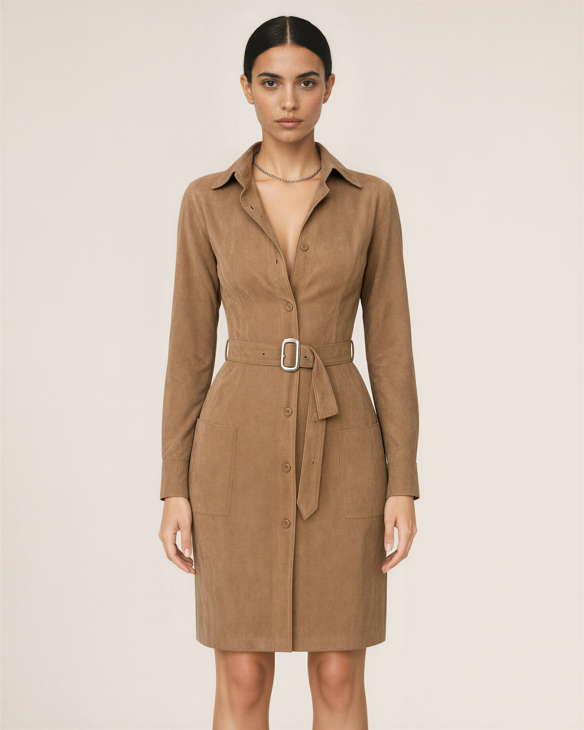 Iris Silver Buckle Belted Faux Suede Shirt Dress, camel, front view
