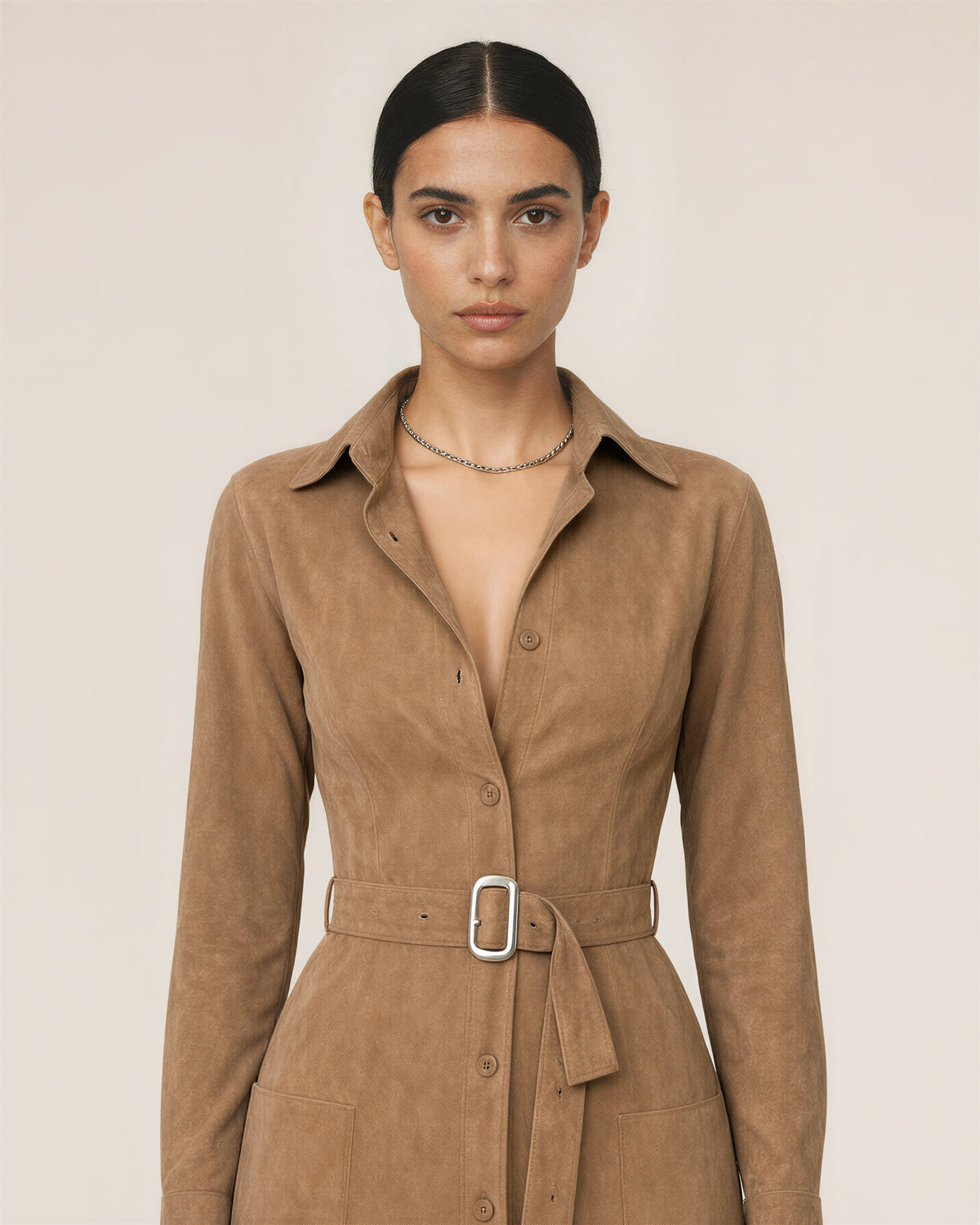 Iris Silver Buckle Belted Faux Suede Shirt Dress, camel, close up above the waist