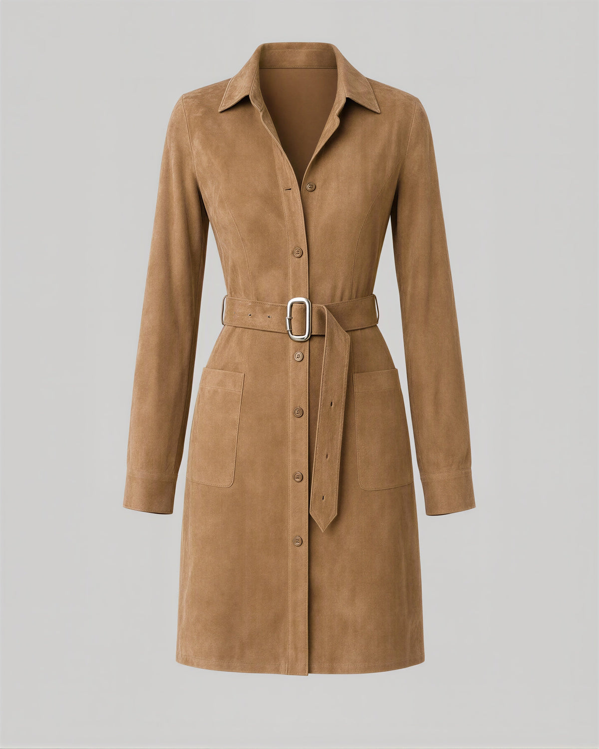 Iris Silver Buckle Belted Faux Suede Shirt Dress, camel, product view without a model