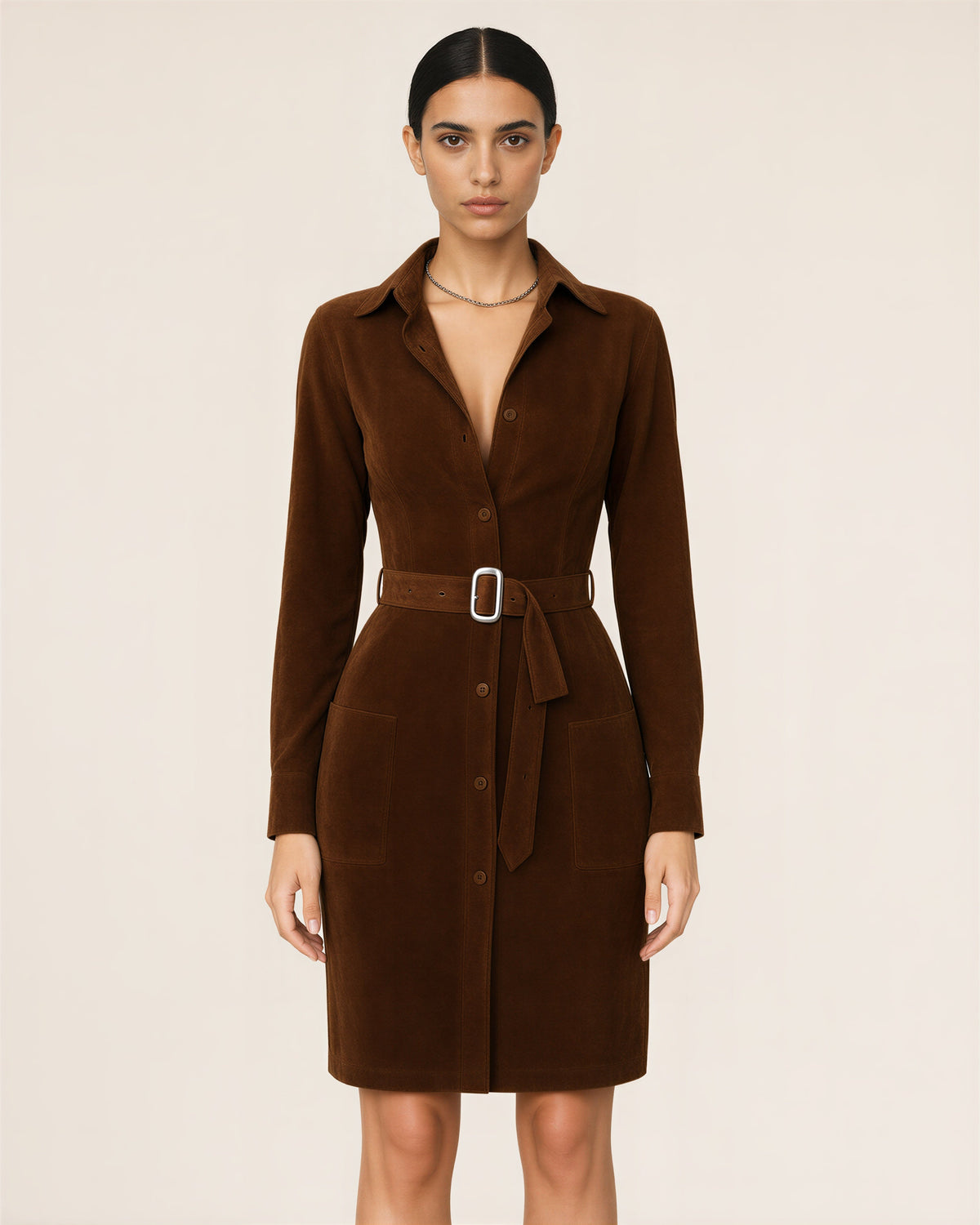 Iris Silver Buckle Belted Faux Suede Shirt Dress, cognac color option