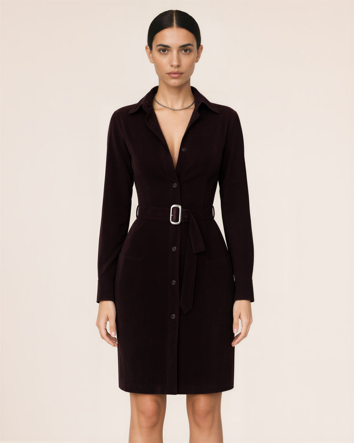 Iris Silver Buckle Belted Faux Suede Shirt Dress, dark burgundy color option