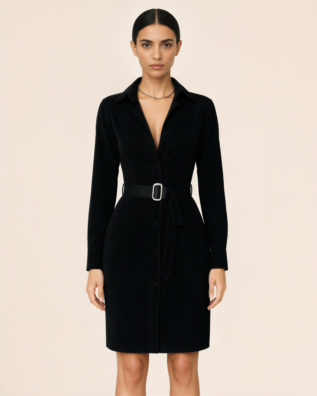 Iris Silver Buckle Belted Faux Suede Shirt Dress, black color option