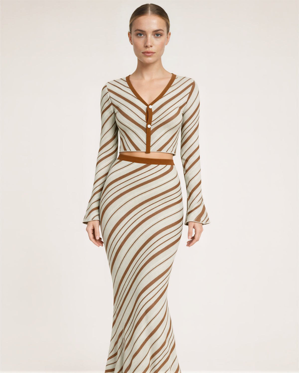 Irma Striped Knit Cardigan and Maxi Skirt Set, cream caramel, front view