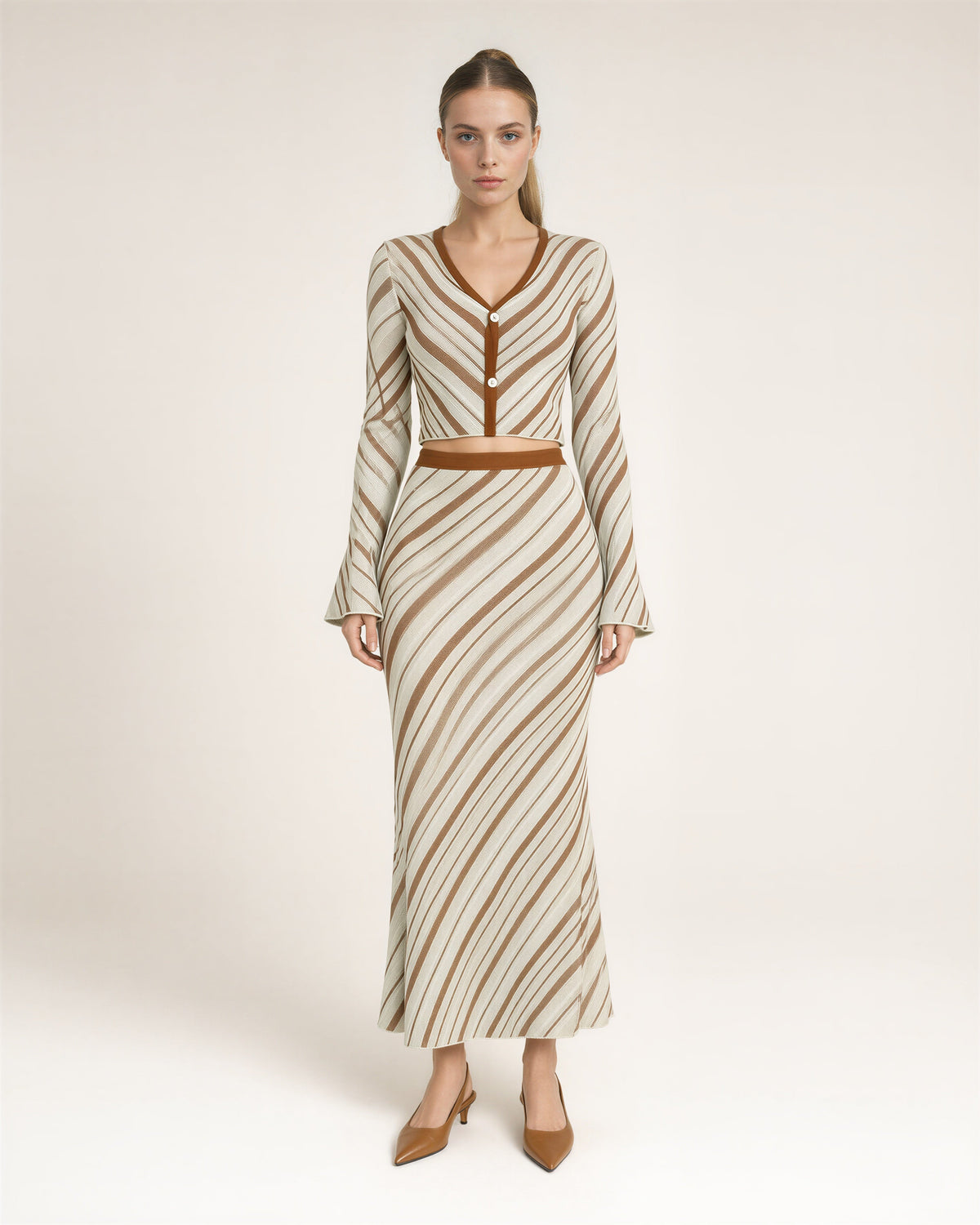Irma Striped Knit Cardigan and Maxi Skirt Set, cream caramel, full length front view