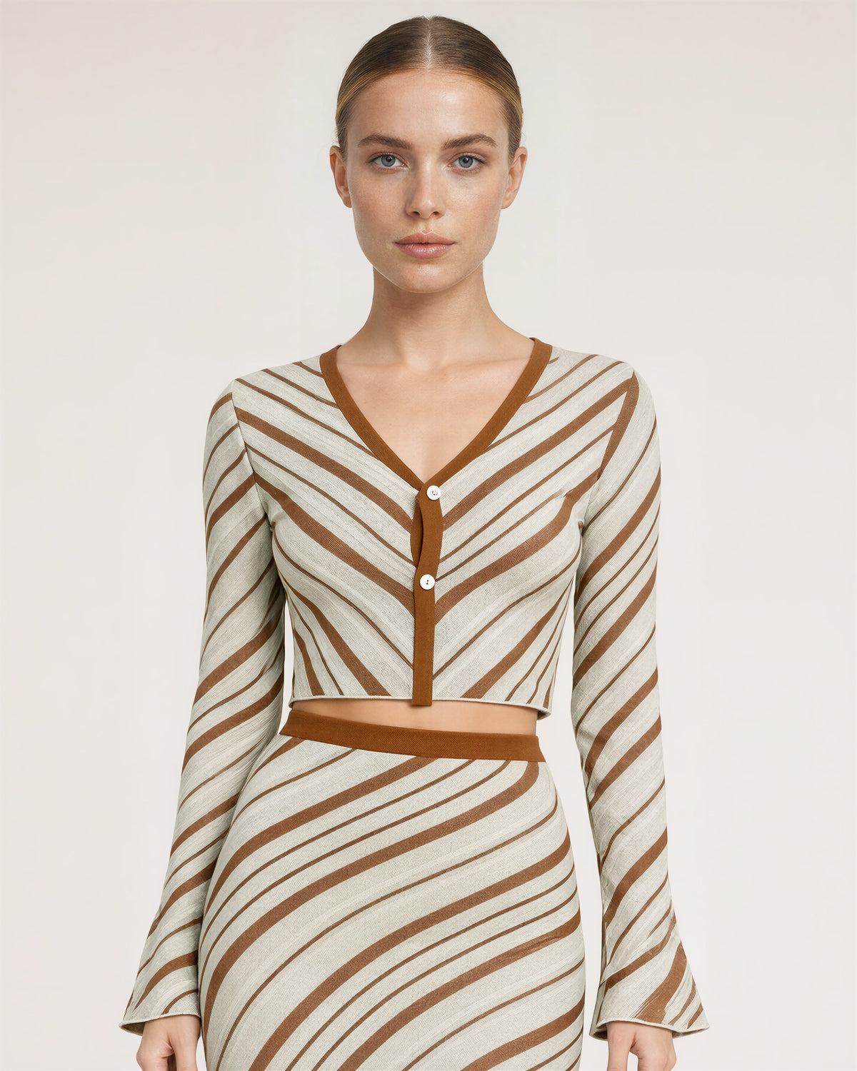 Irma Striped Knit Cardigan and Maxi Skirt Set, cream caramel, close up above the waist