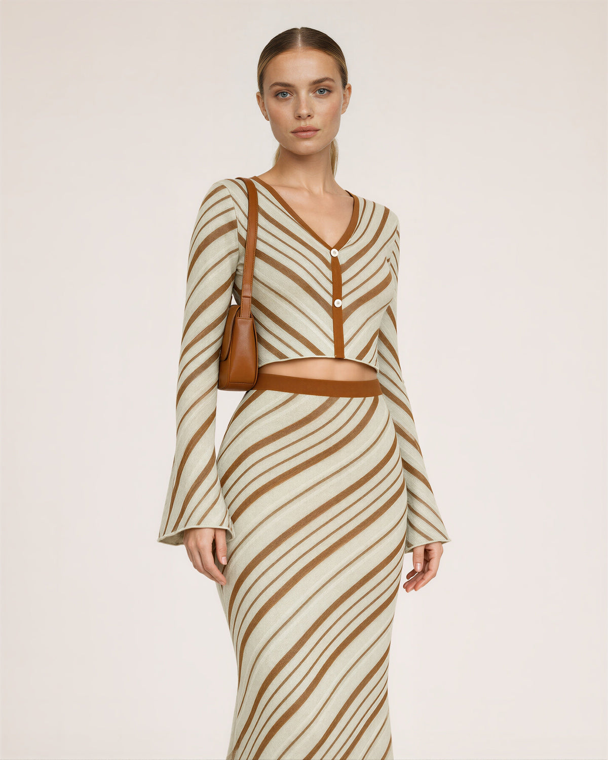 Irma Striped Knit Cardigan and Maxi Skirt Set, cream caramel, three quarter view