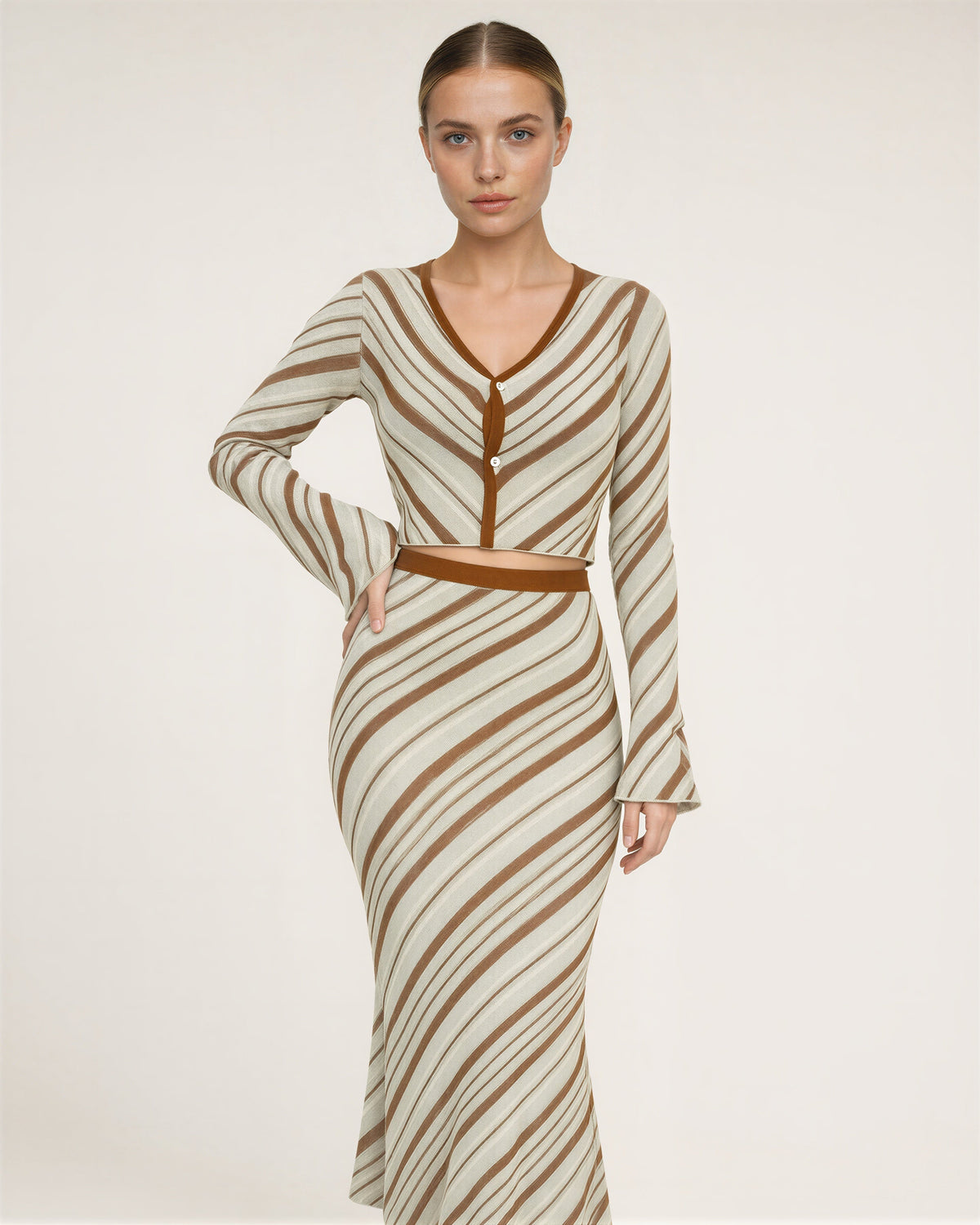 Irma Striped Knit Cardigan and Maxi Skirt Set, cream caramel, front, hands on the waist