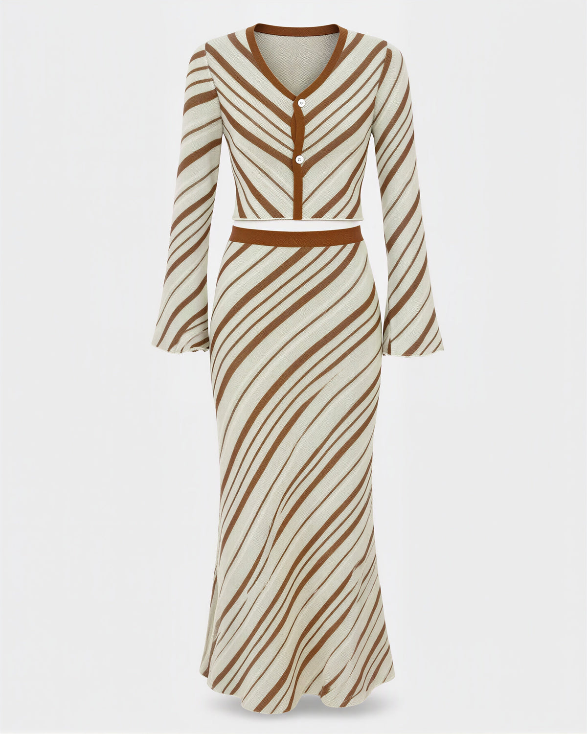 Irma Striped Knit Cardigan and Maxi Skirt Set, cream caramel, product view without a model