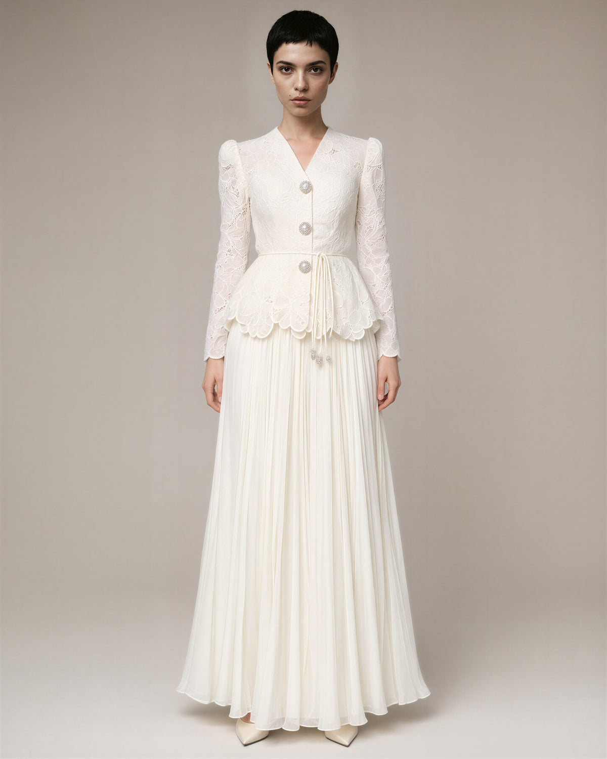 Isolde Guipure Peplum Jacket and Plisse Skirt Set, ecru, full length front view