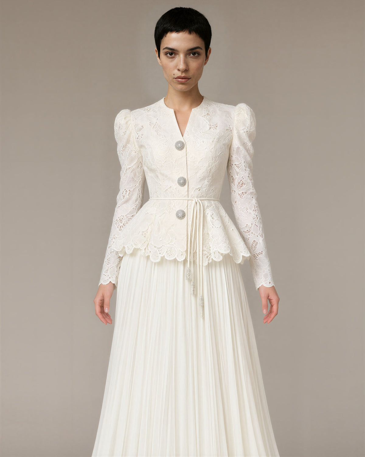 Isolde Guipure Peplum Jacket and Plisse Skirt Set, ecru, front view