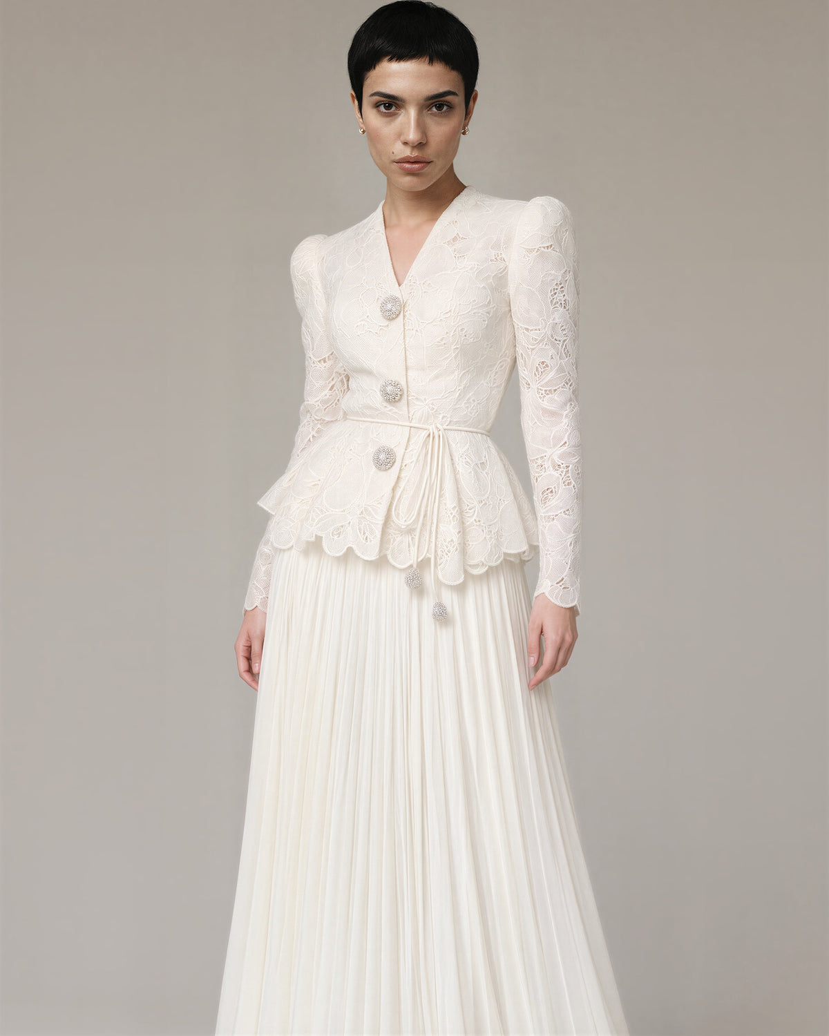 Isolde Guipure Peplum Jacket and Plisse Skirt Set, ecru, three quarter view