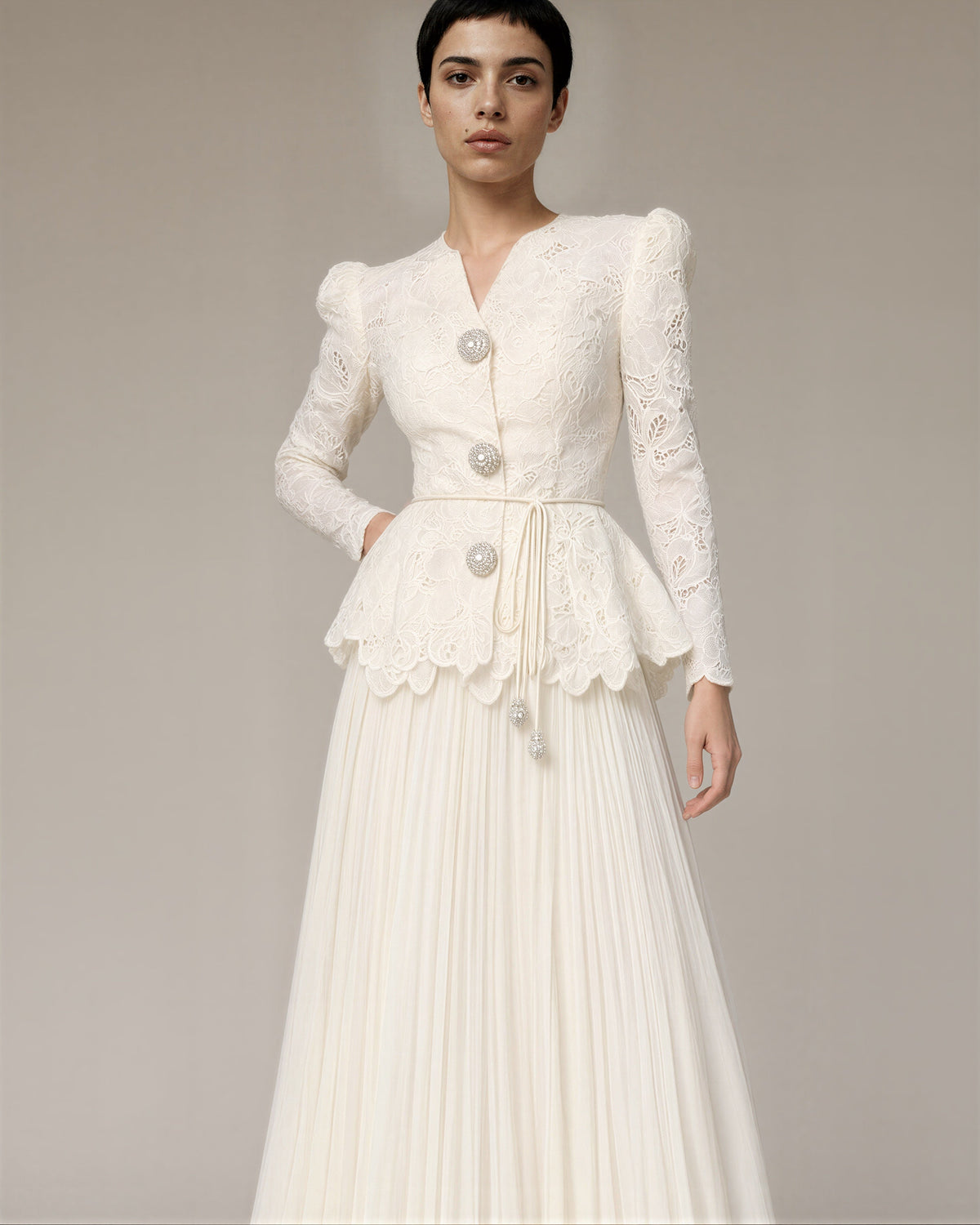 Isolde Guipure Peplum Jacket and Plisse Skirt Set, ecru, front, hands on the waist